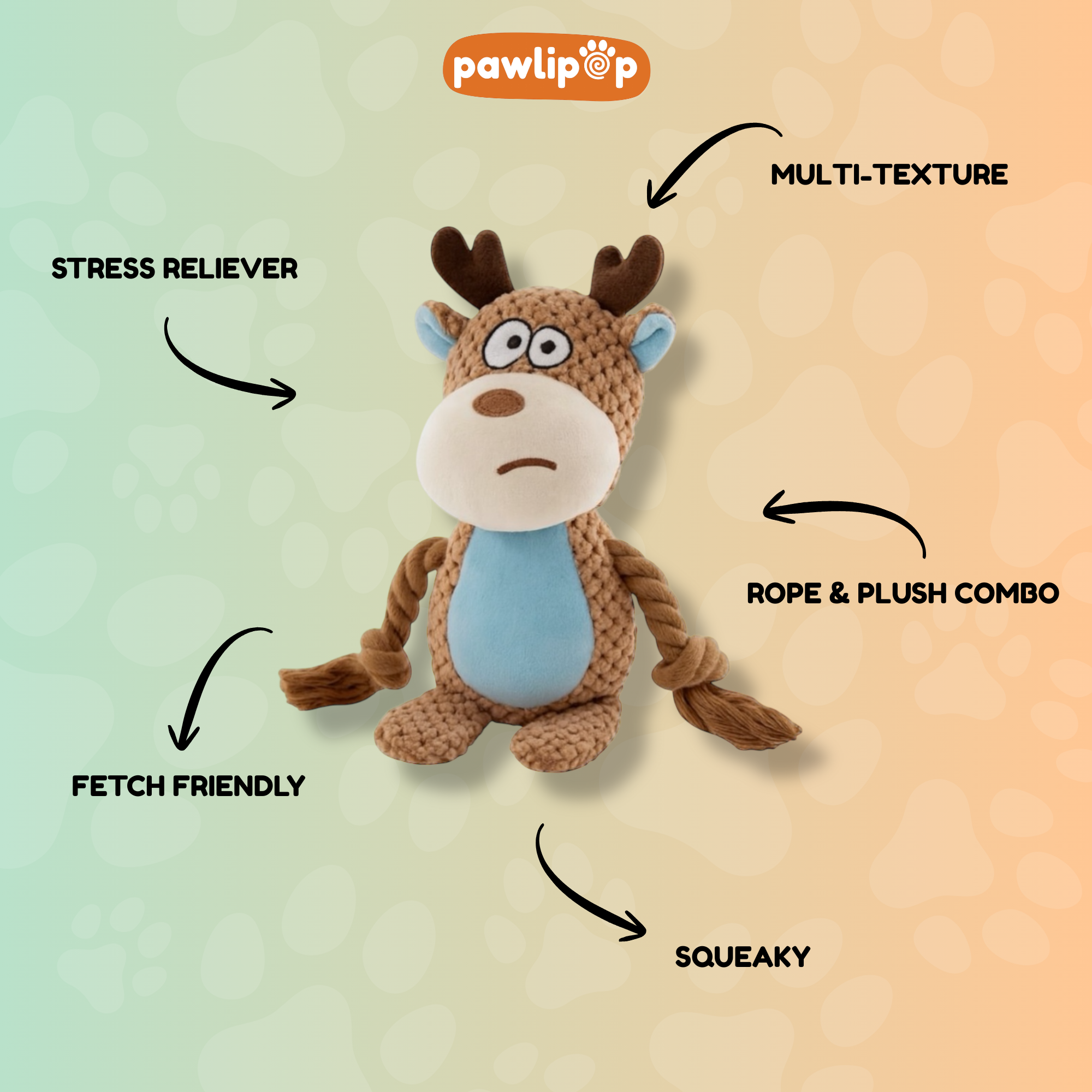 Pawlipop Reindeer Plush, Rope, Squeaky Dog Toy features