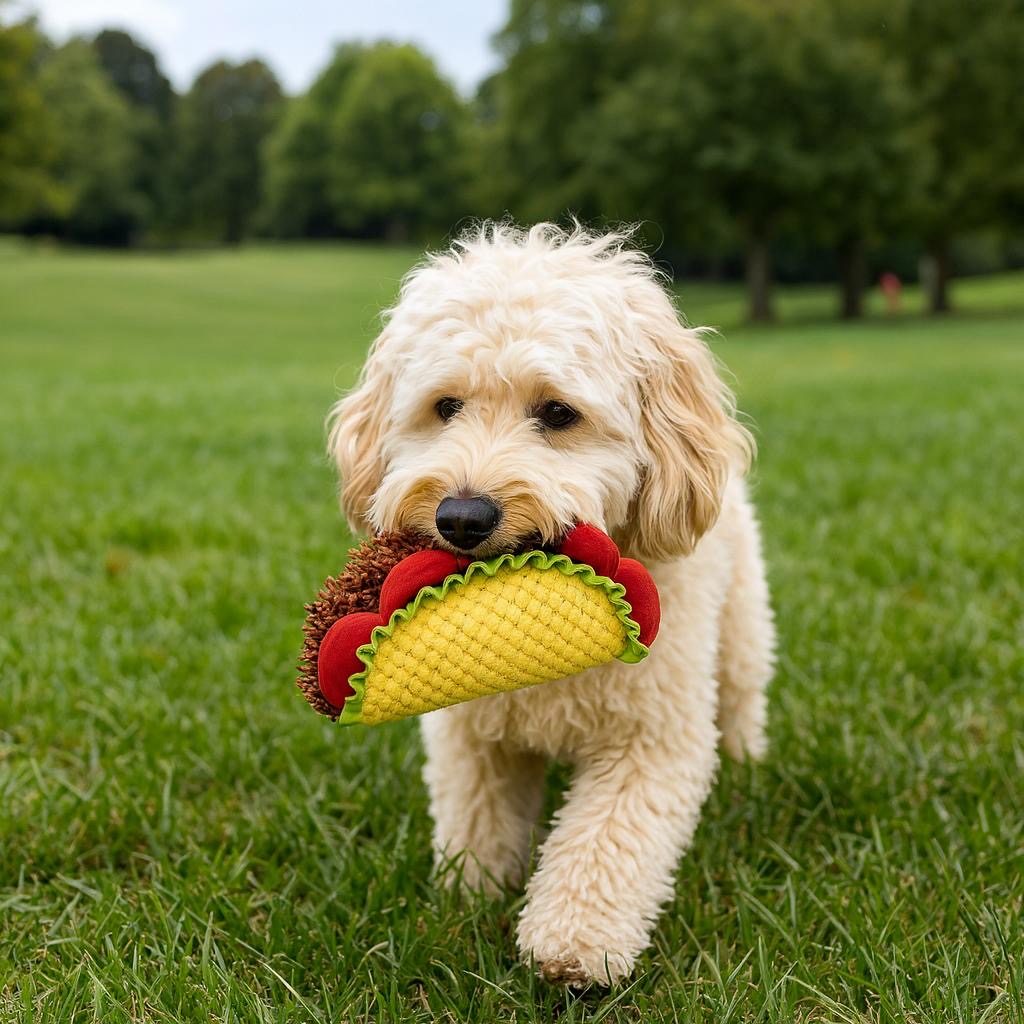 Dog holding a pawlipop plush dog toy in the shape of a taco.