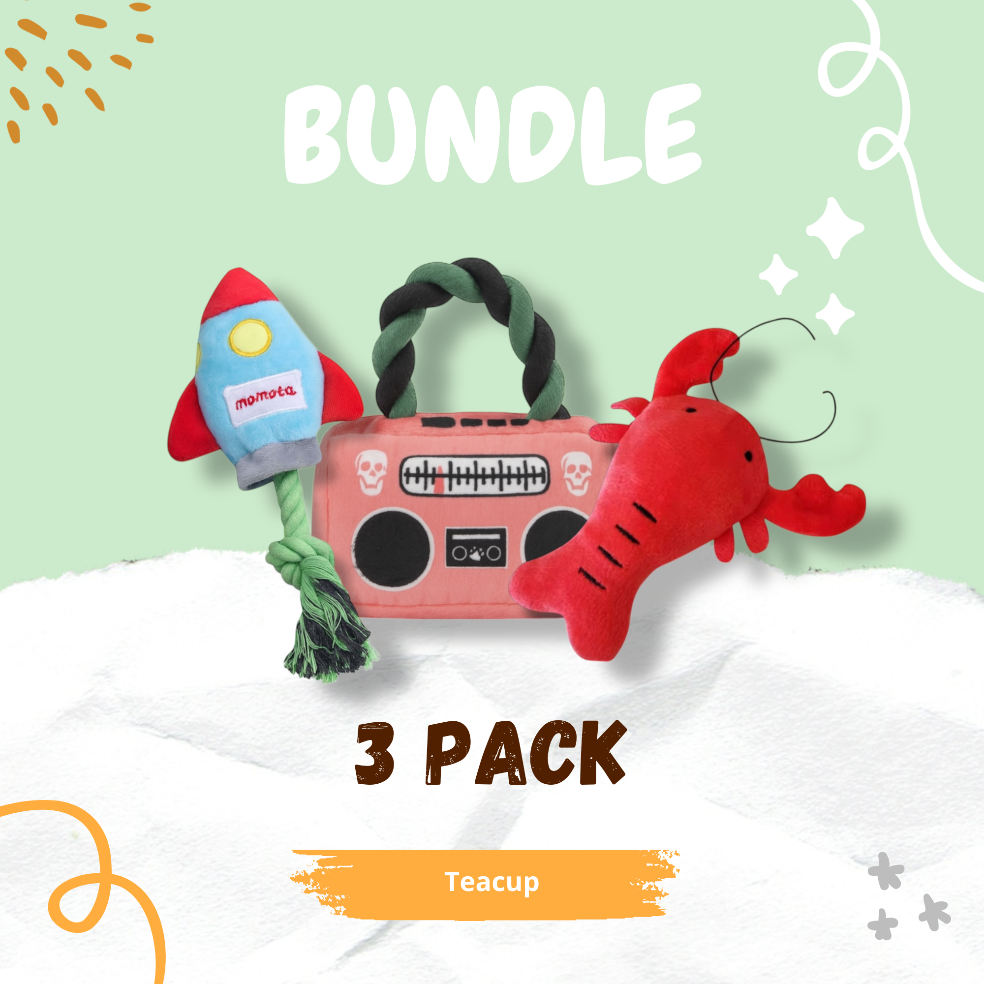 Pawlipop Teacup Bundle dog toys including a rocket, a radio, and a lobster 