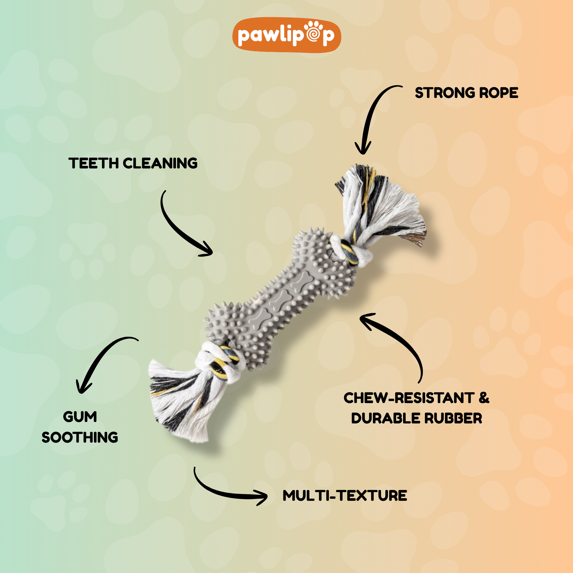 Pawlipop Teeth-Cleaning Rubber Bone & Rope dog toy features