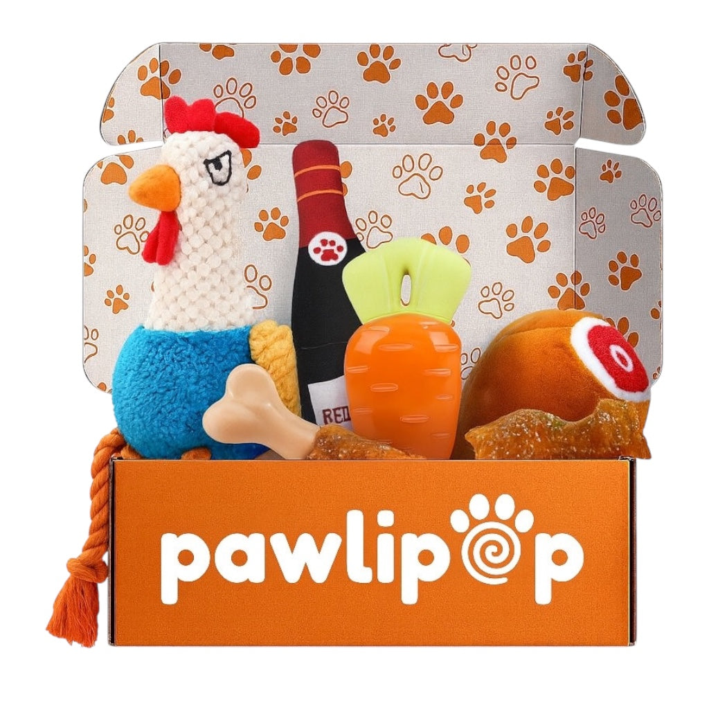 Pawlipop dog toys box Thanksgiving themed with a rooster, bottle, carrot, turkey leg and chicken leg. Interactive, rope, plush, squeaky, and chew toys