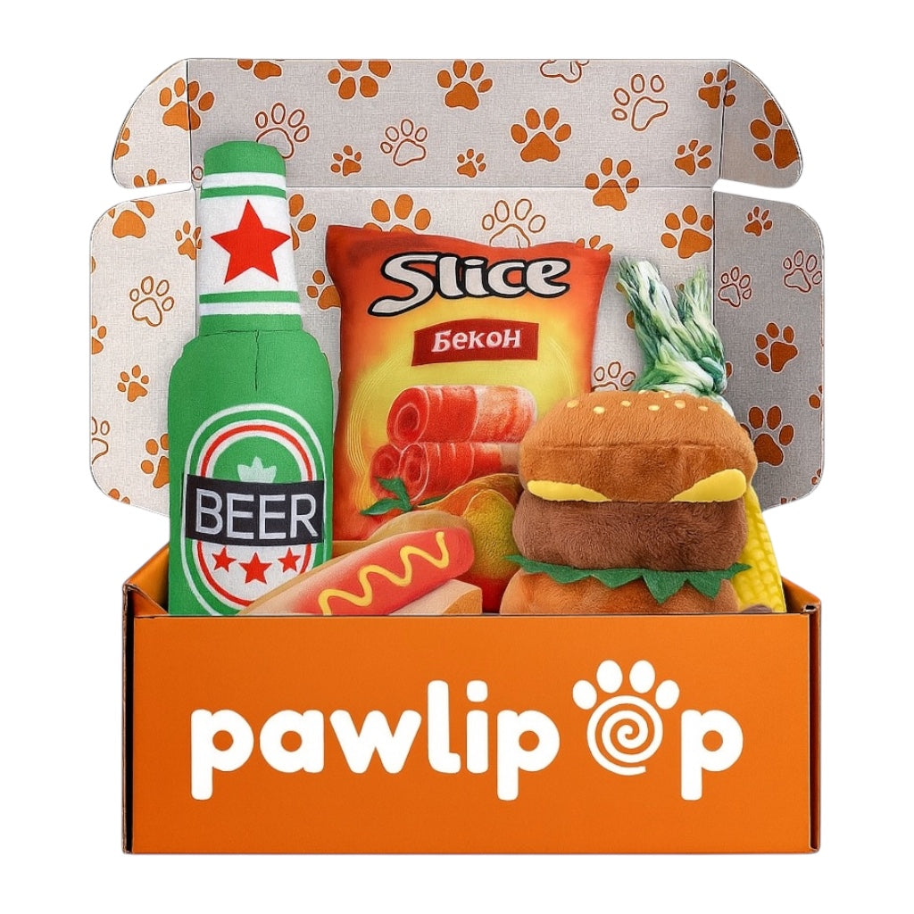 Pawlipop dog toy box BBK themed with beer bottle, hot dog, burger, corn, and chips. Interactive, rope, plush, and chew toys 