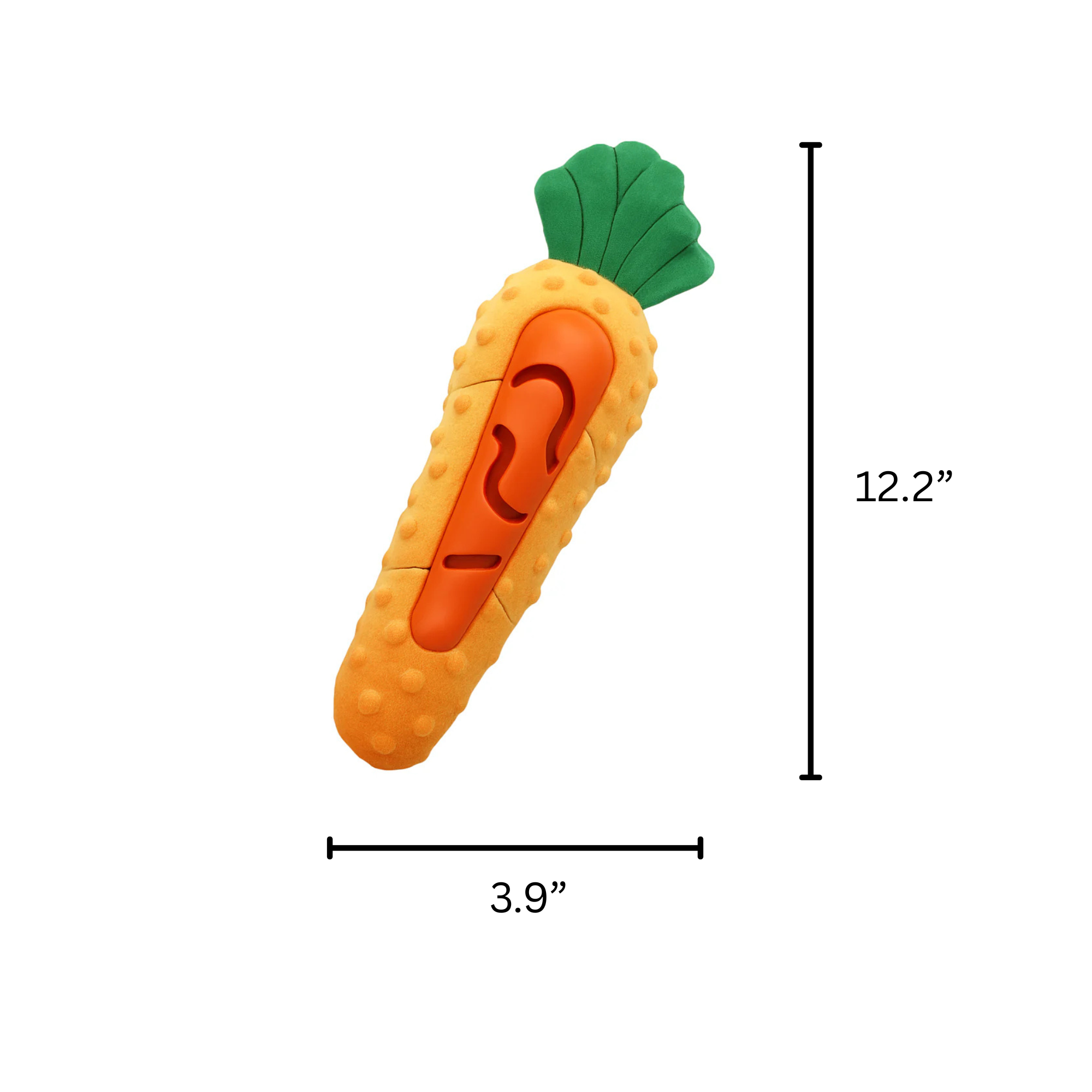 Pawlipop Carrot-shaped dog toy with measurements.