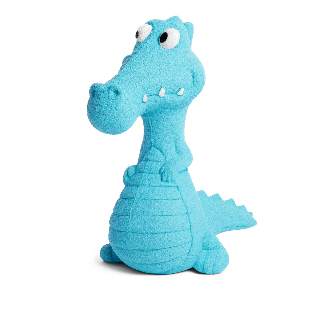 Pawlipop dog toy, blue crocodile-shaped, plush, squeaker and chew.
