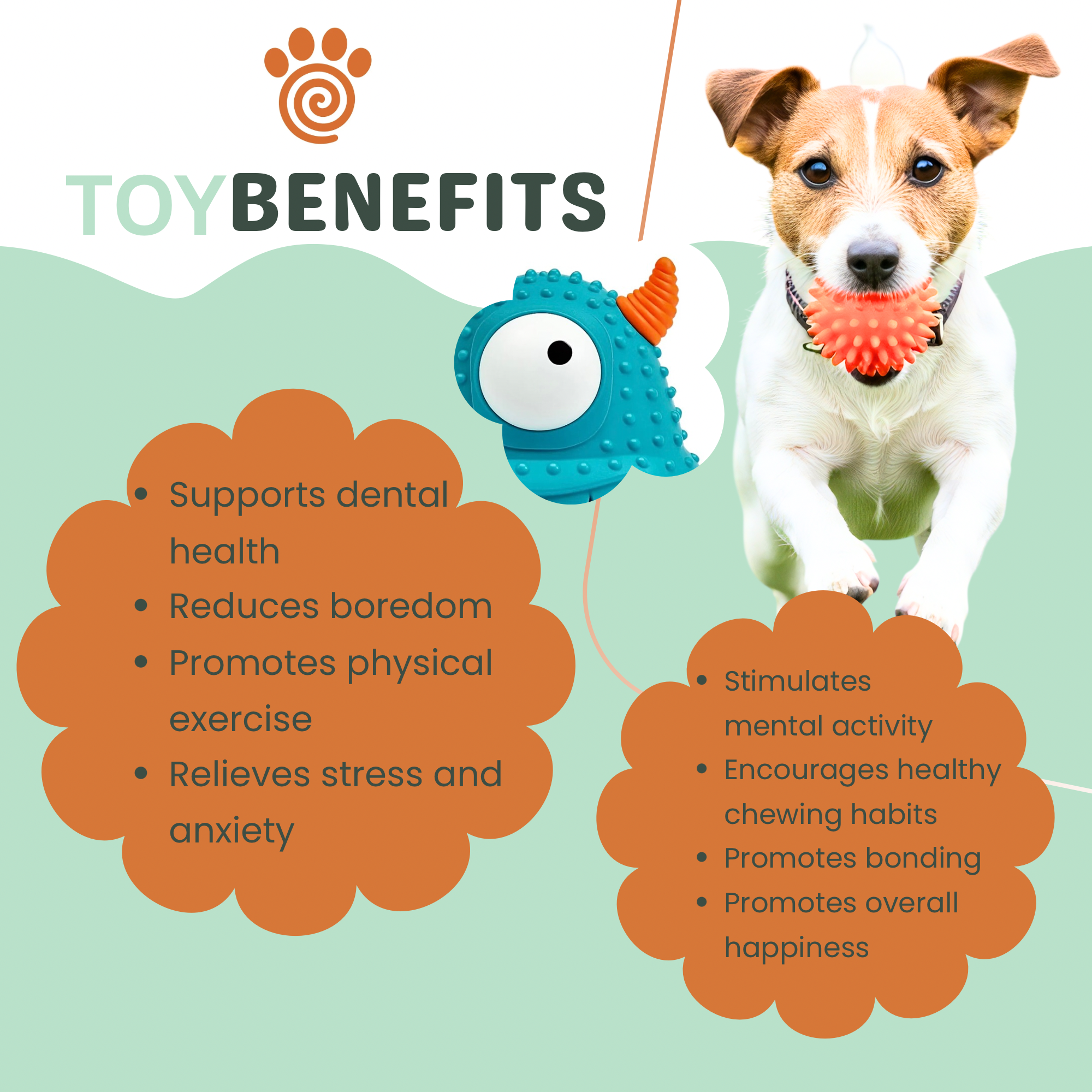 Dog playing with a toy, surrounded by text listing benefits of dog toys.