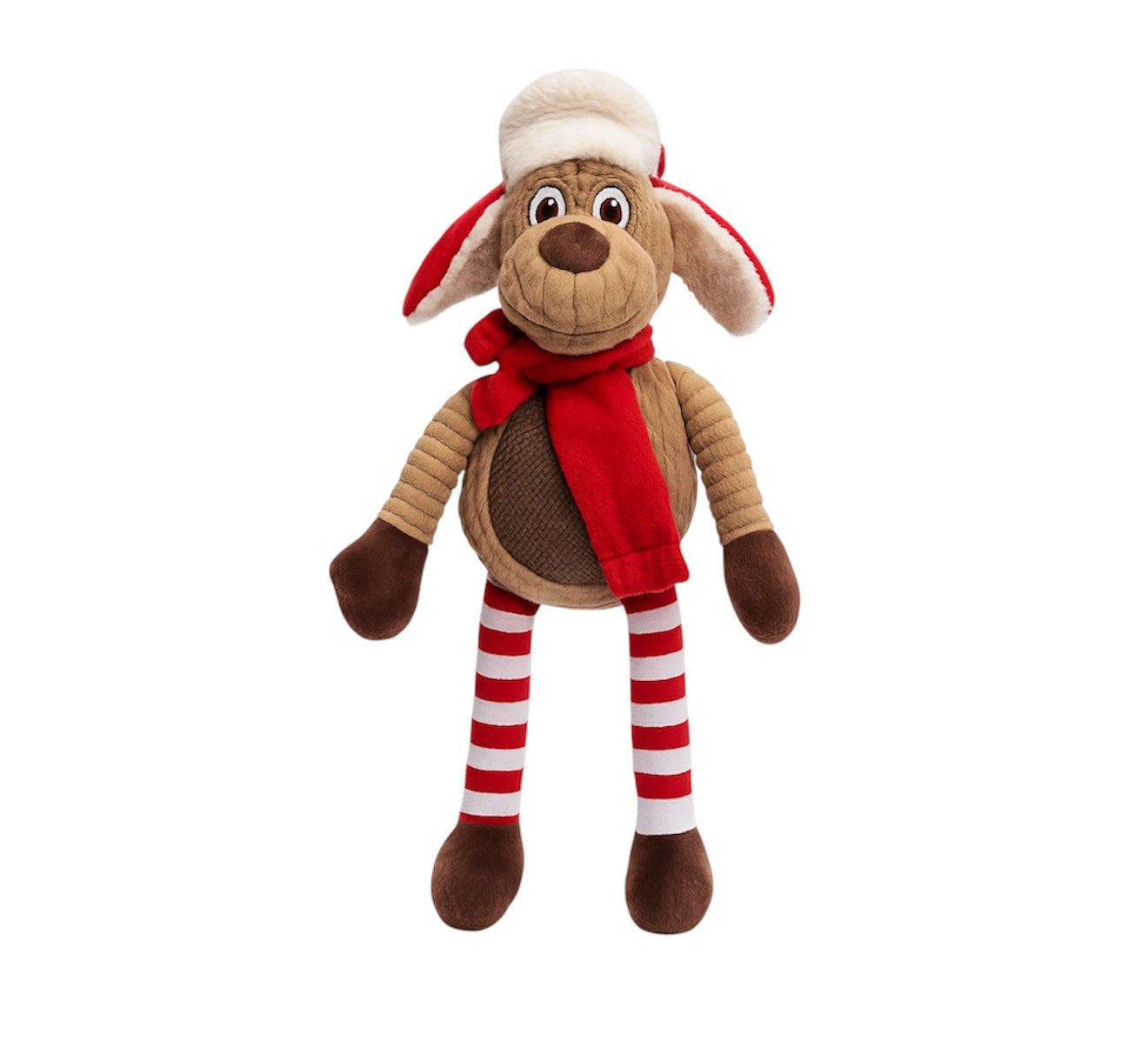 Pawlipop dog toy, plushie, and squeaker reindeer/moose with red scarf.