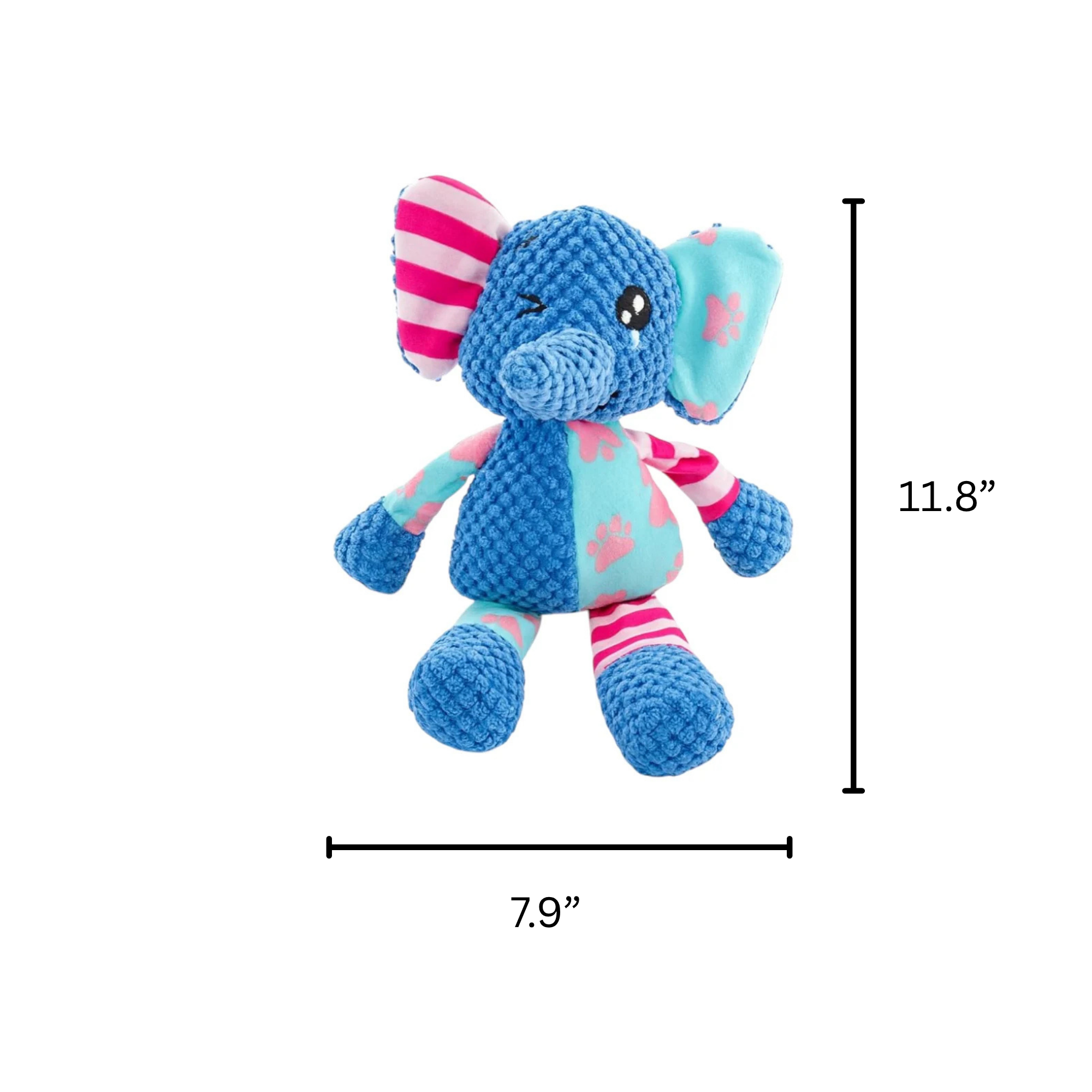 Pawlipop dog toy, plushie, and squeaker colorful elephant-shaped with measurements.