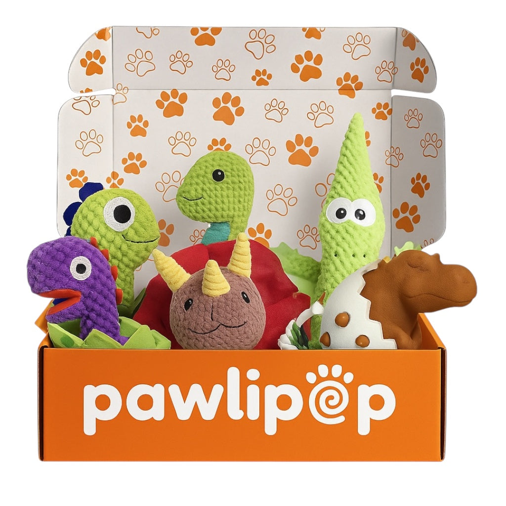 Pawlipop dog toy box Jurassic bark themed with dinosaur-shaped toys. Interactive, rope, plush, squeaky, and chew toys.