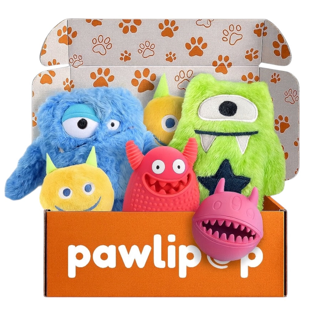 Pawlipop dog toys box Monsters Co themed with a lot of monsters-shaped toys . Interactive, rope, plush, squeaky, and chew toys