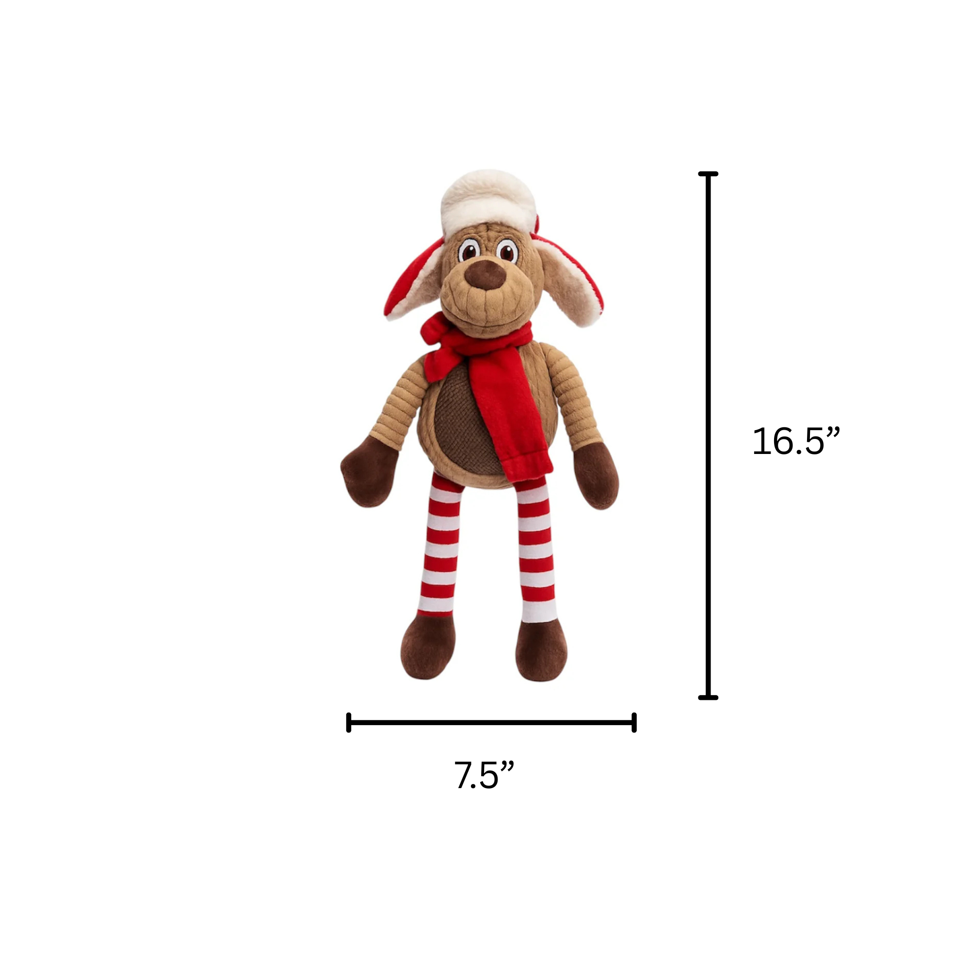 Pawlipop dog toy, plushie, and squeaker reindeer/moose with red scarf with measurements. 