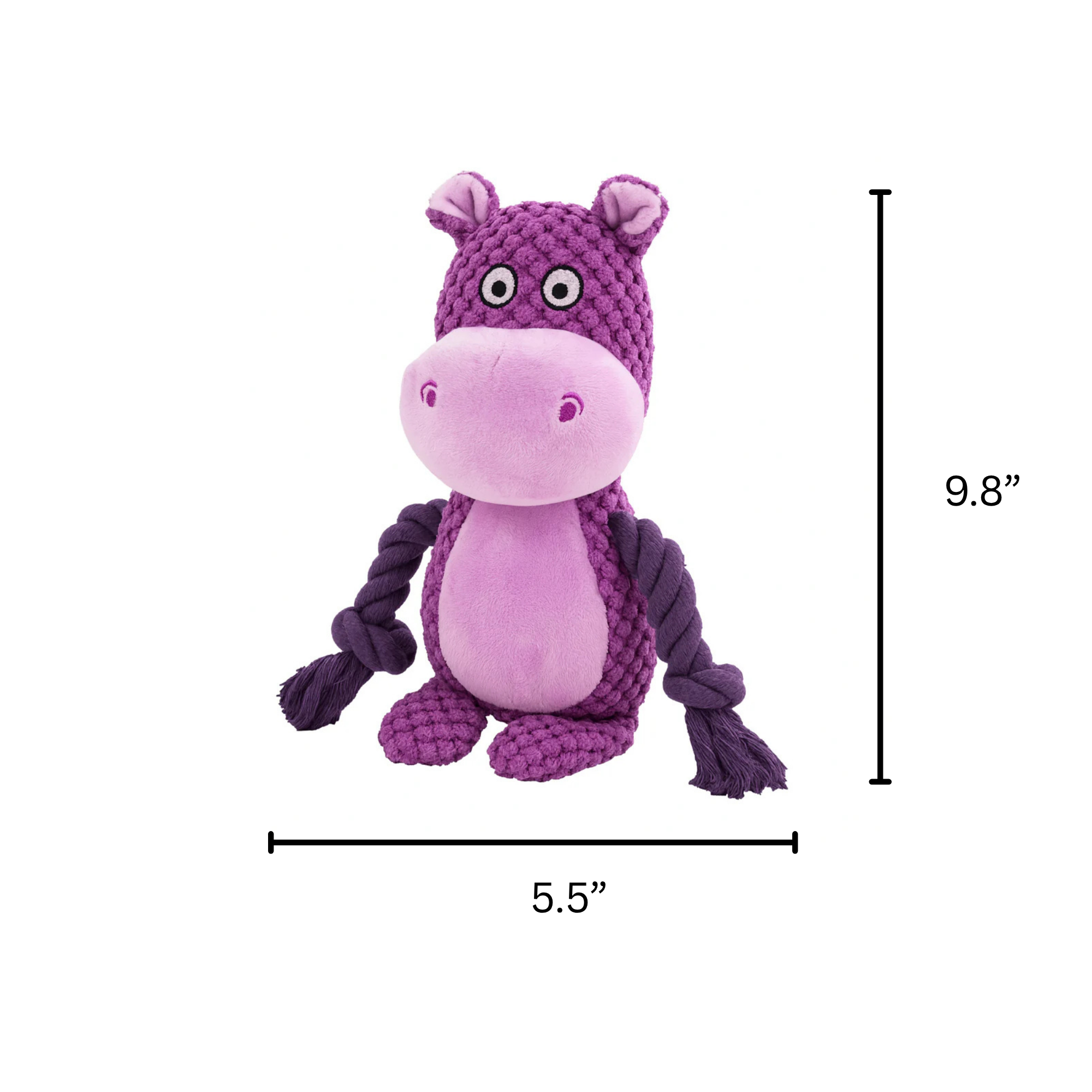 Interactive Purple hippo-shaped Pawlipop dog toy with a rope, plushie, squeaker, with measurements.
