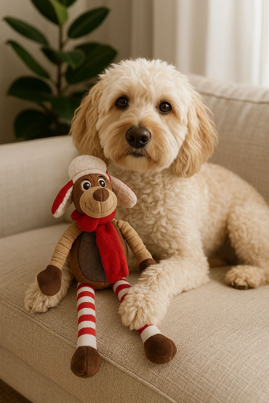 Dog seating, playing with a Pawlipop dog toy, plushie, and squeaker reindeer/moose with red scarf.