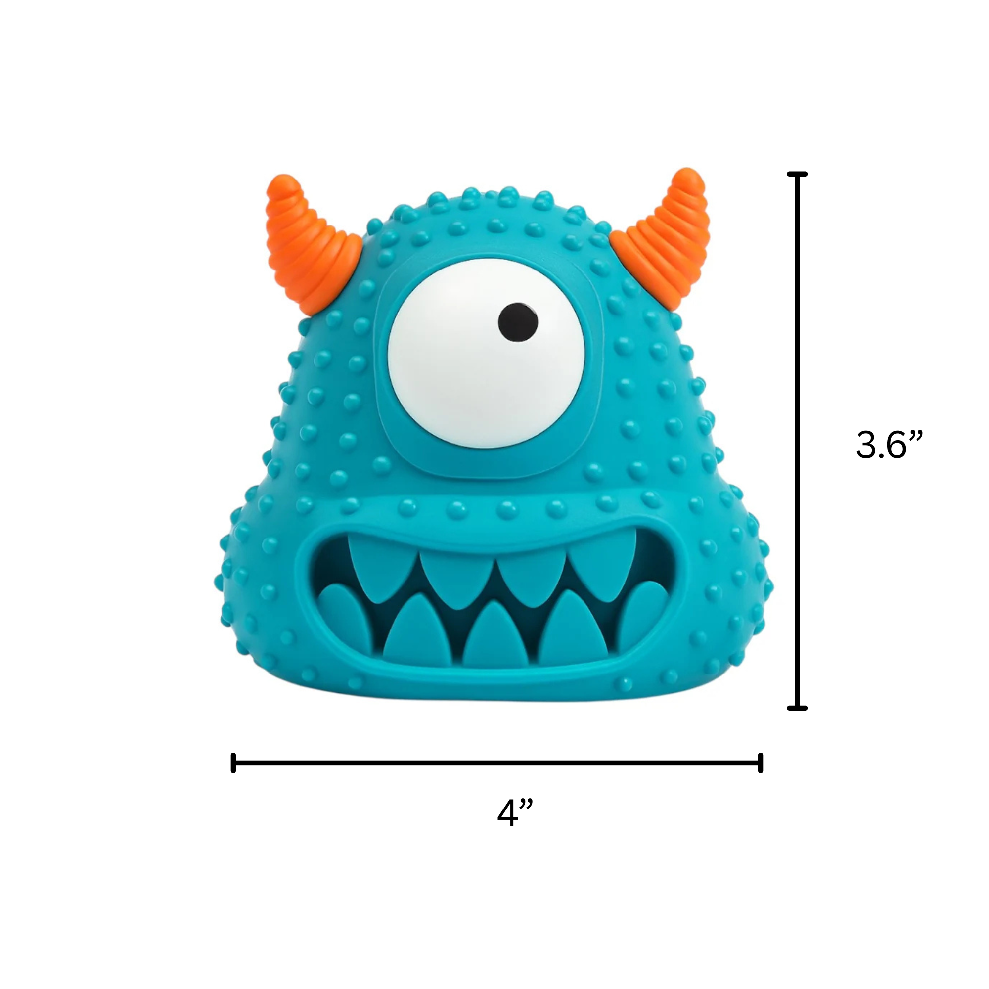 Pawlipop Blue monster dog toy with orange horns and measurements.