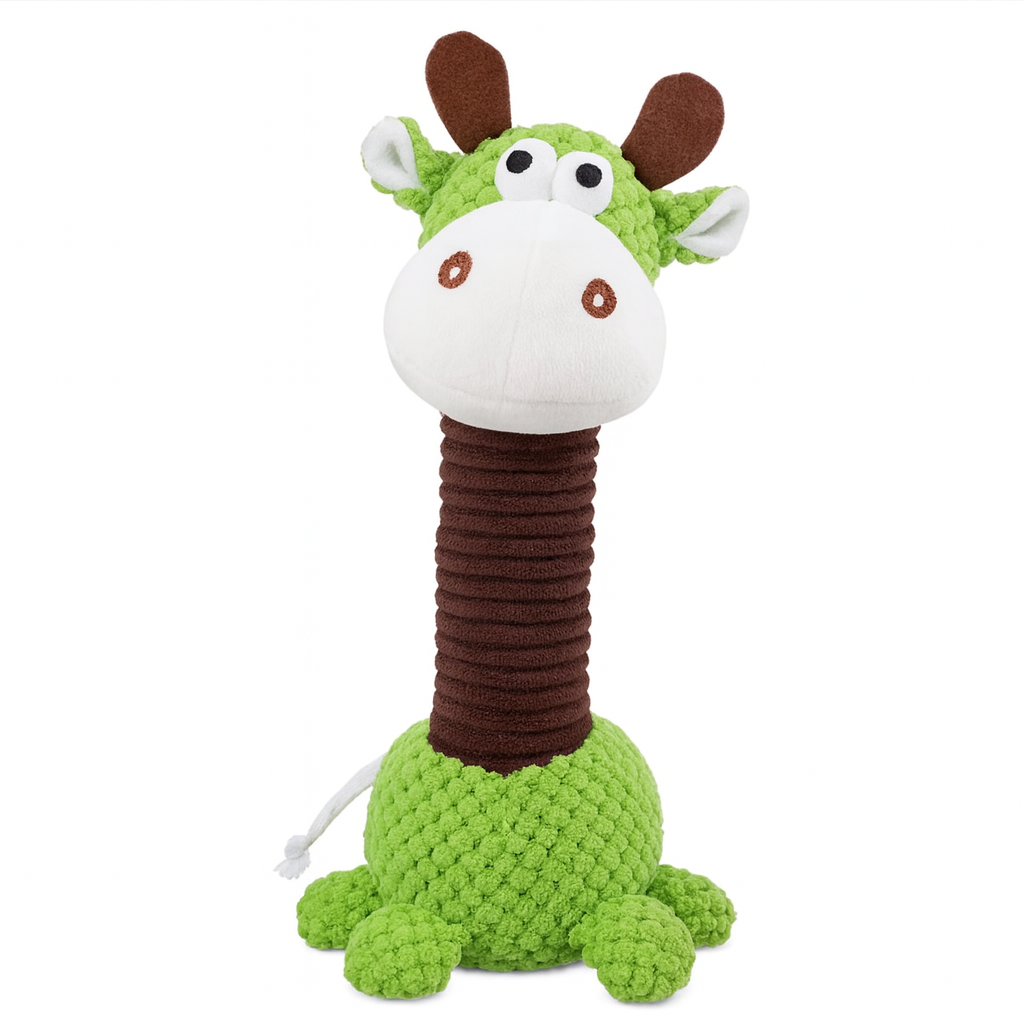 Pawlipop dog toy, giraffe-shaped, plush, squeaker, rope and chew.
