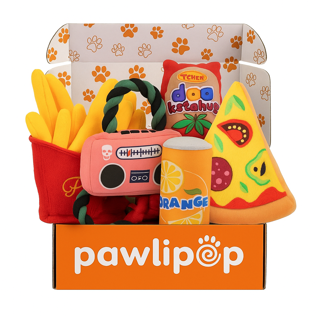 Pawlipop dog toy box Pizza party themed with a pink radio, soda can, pizza, ketchup, and fries. Interactive, rope, plush, squeaky, and chew toys.