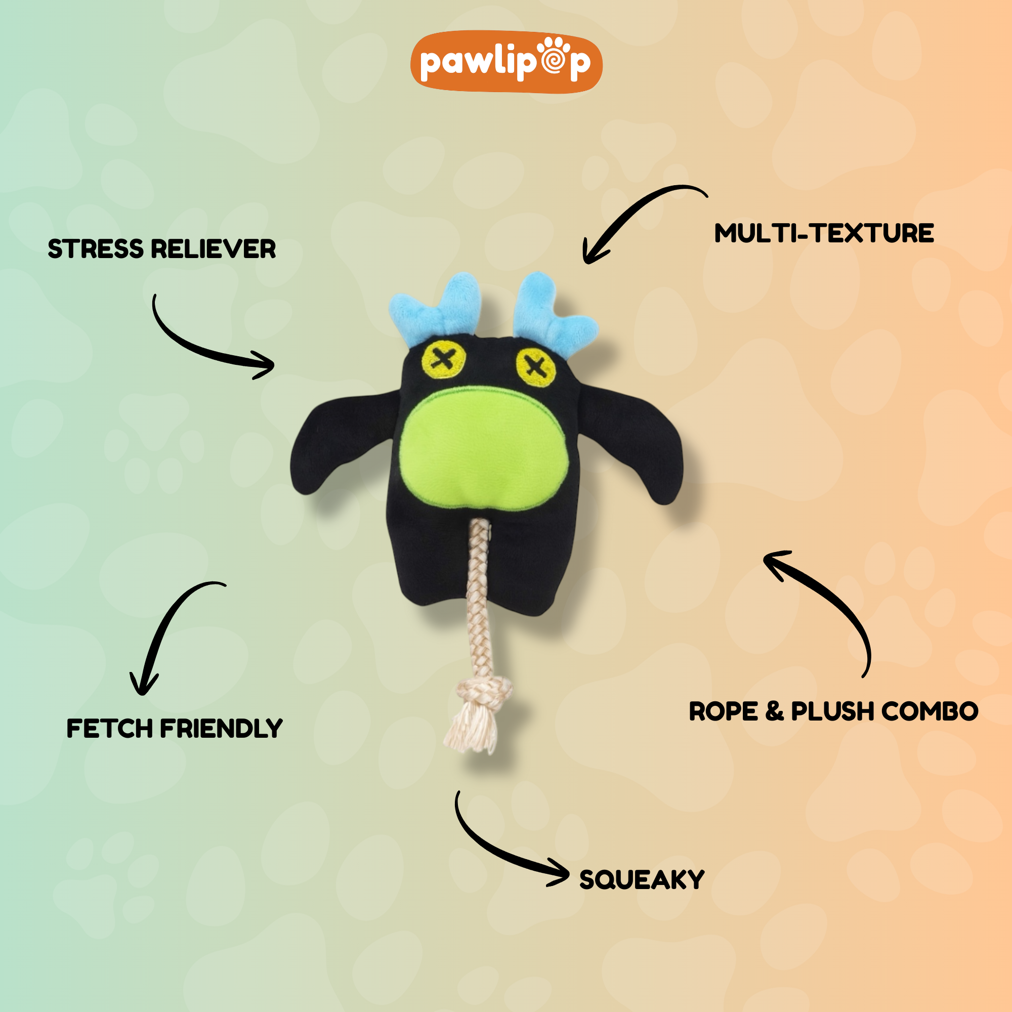 Pawlipop plushie Monster Dog Toy with rope features