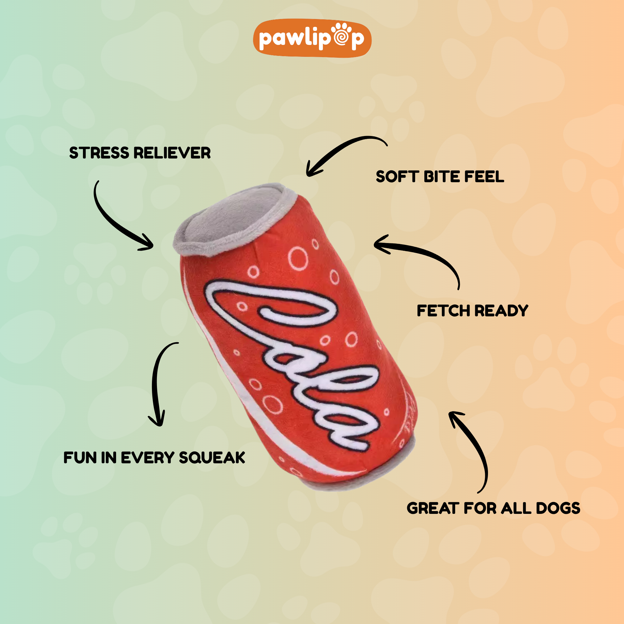 Red dog toy with 'Cola' branding on a gradient background, featuring features 