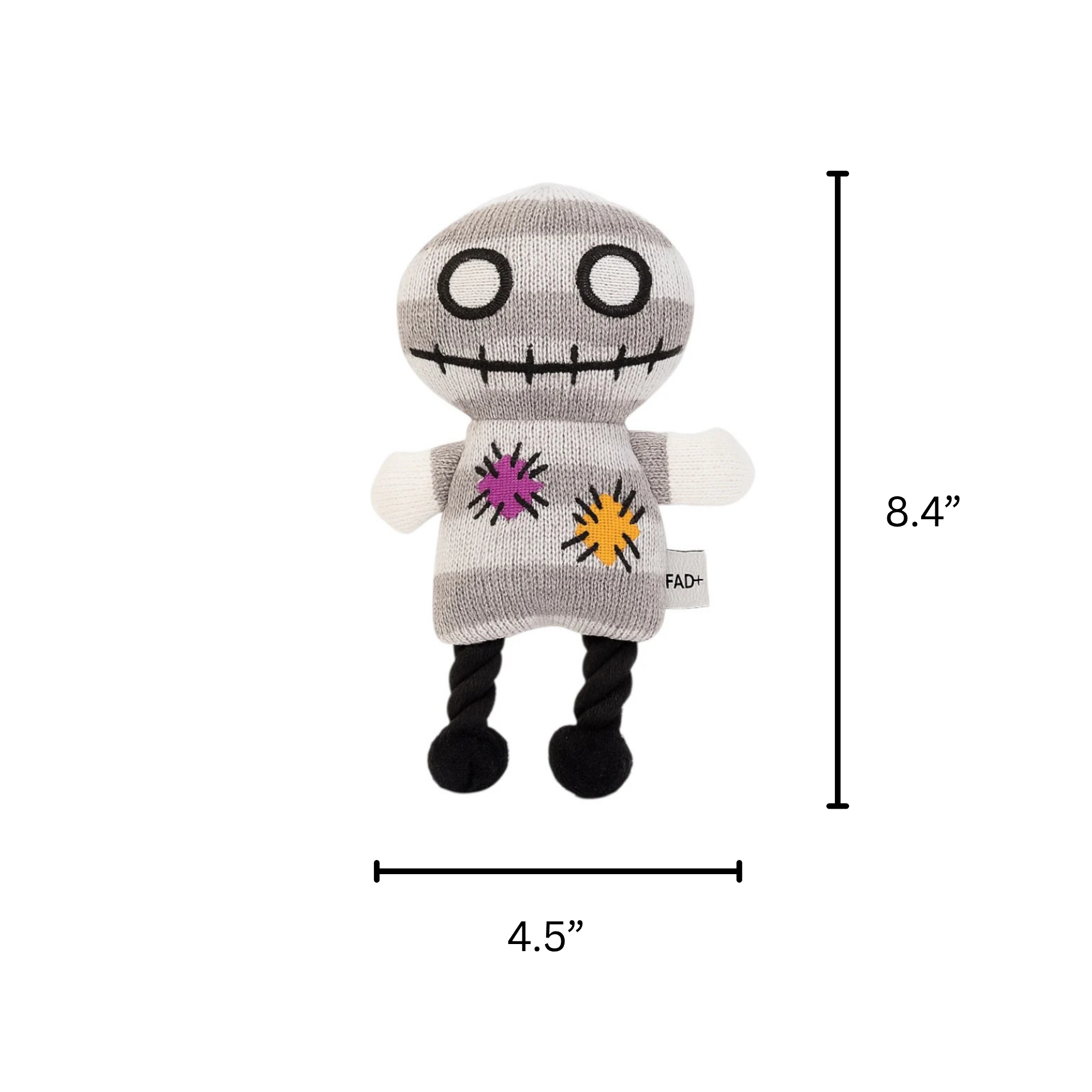 Interactive Pawlipop dog toy with rope, plushy,and squeaker. with measurements.