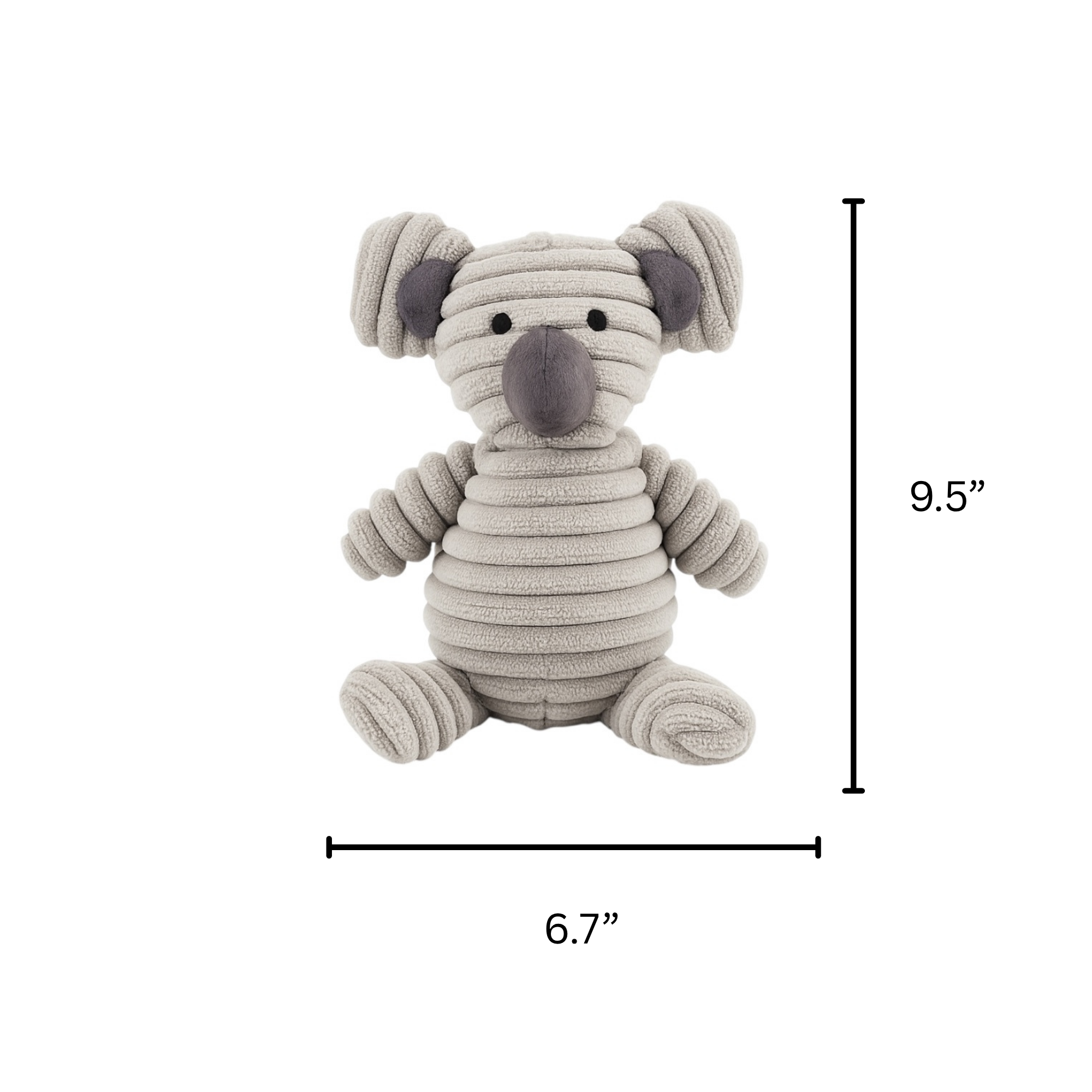 Plushie koala dog toy with measurements on a white background
