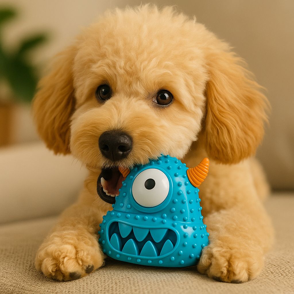 Puppy playing, chewing with a blue monster-shaped Pawlipop dog toy.