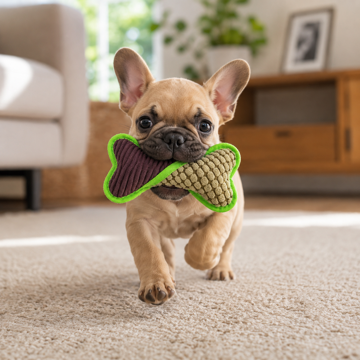 Puppy playing with a pawlipop chew toy on a carpeted floor.
