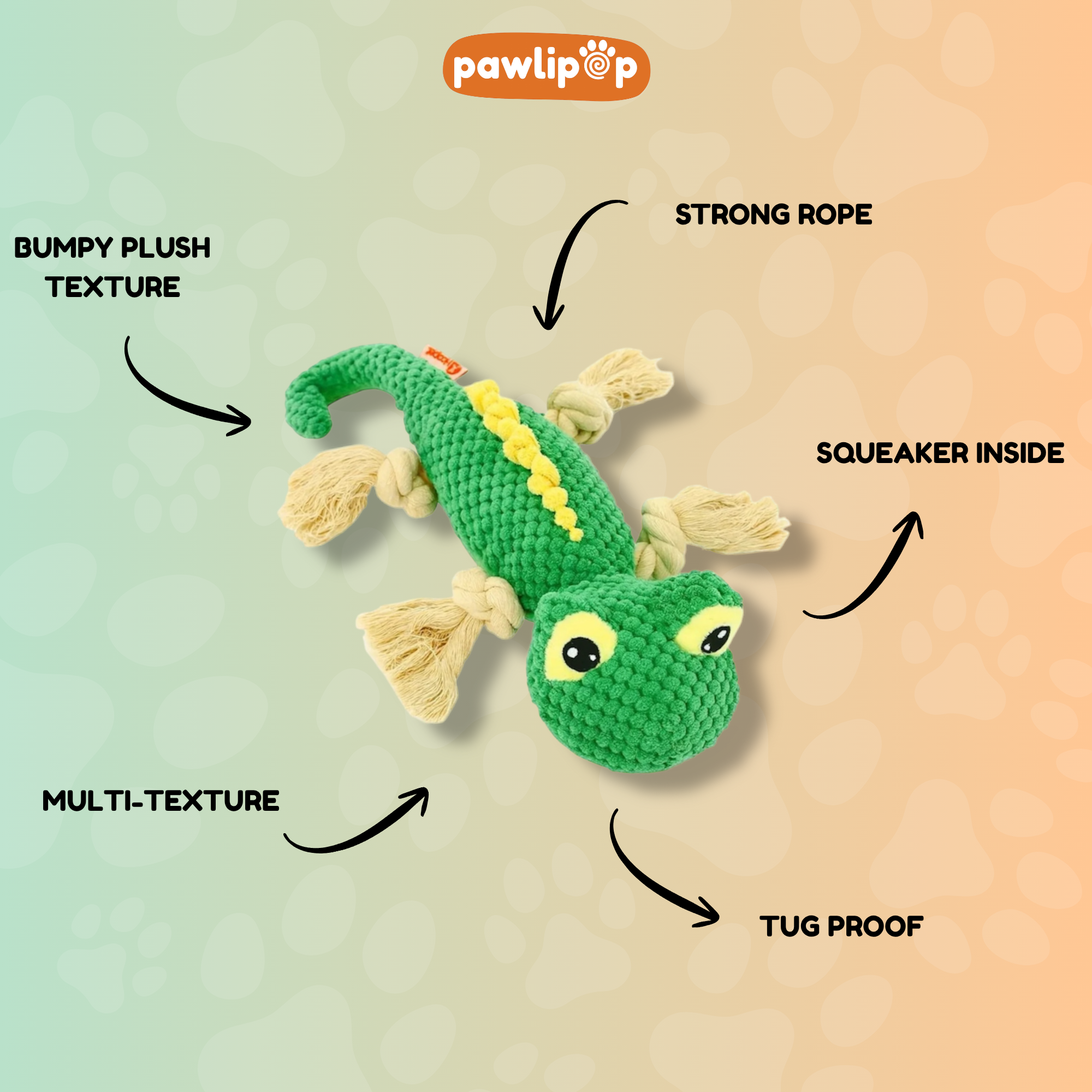 Raff the gecko dog toy features.