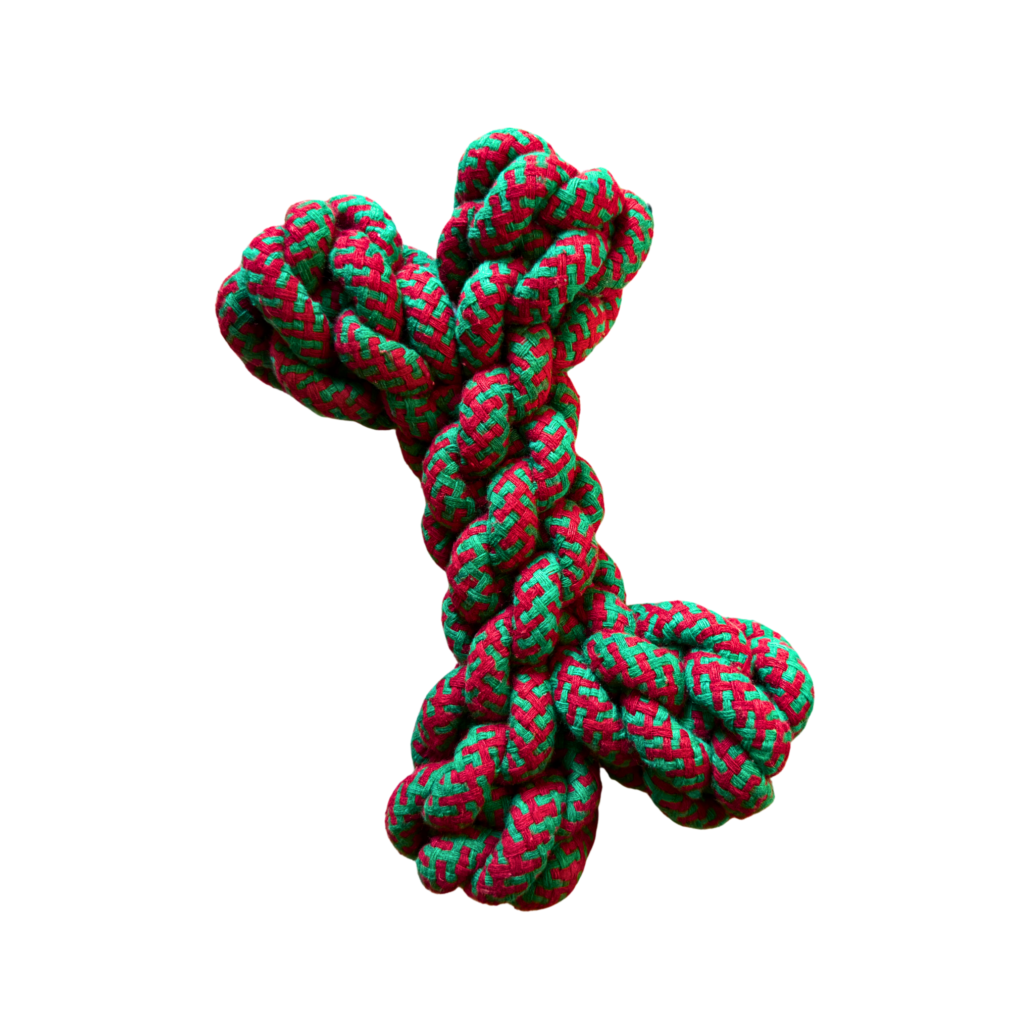 Red and green braided rope knot on a white background pawlipop dog toy