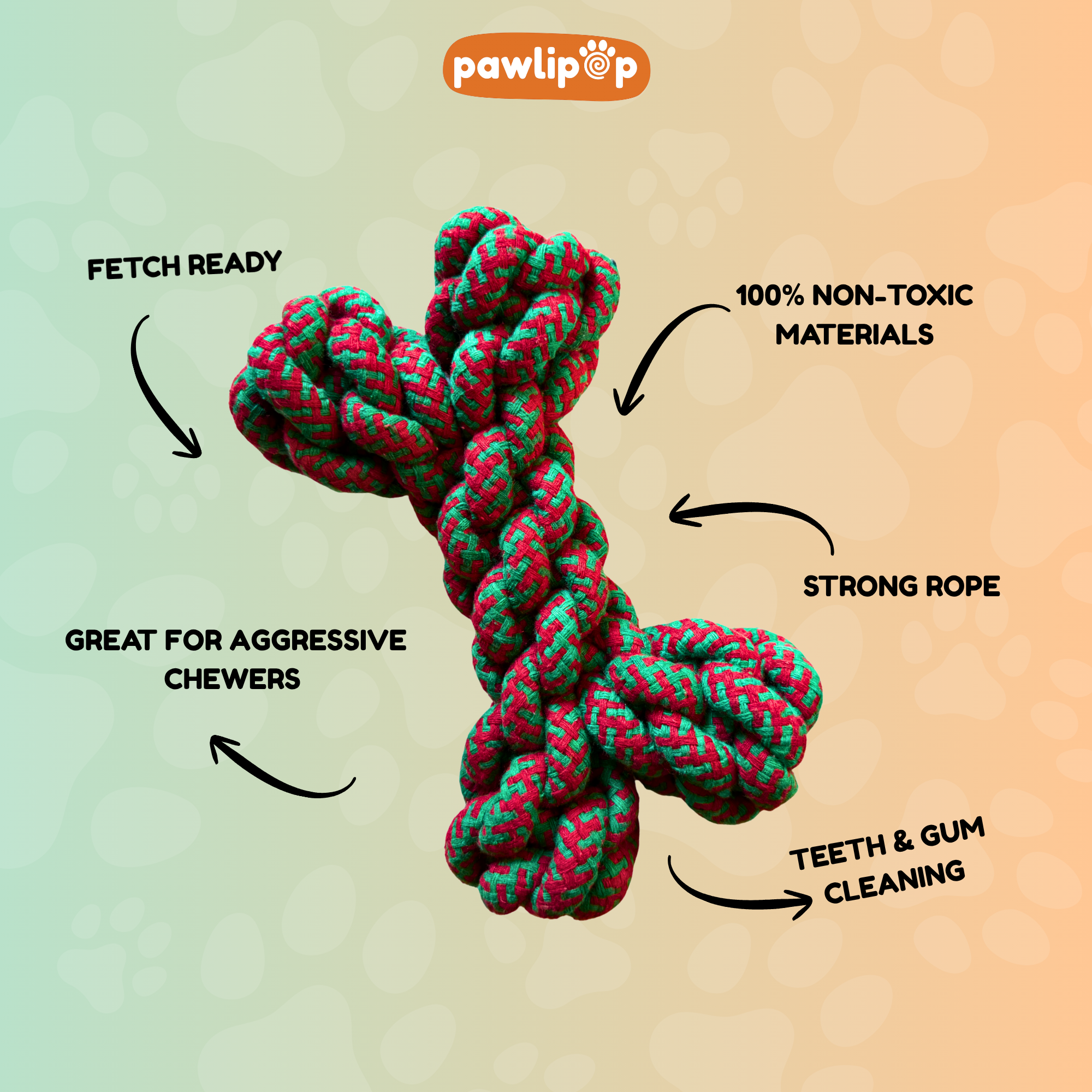 Red and green braided rope knot on a white background dog toy pawlipop 