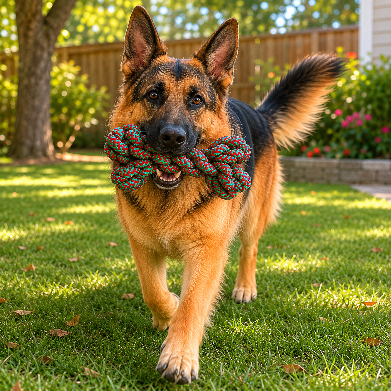 dog playing Red and green braided rope 