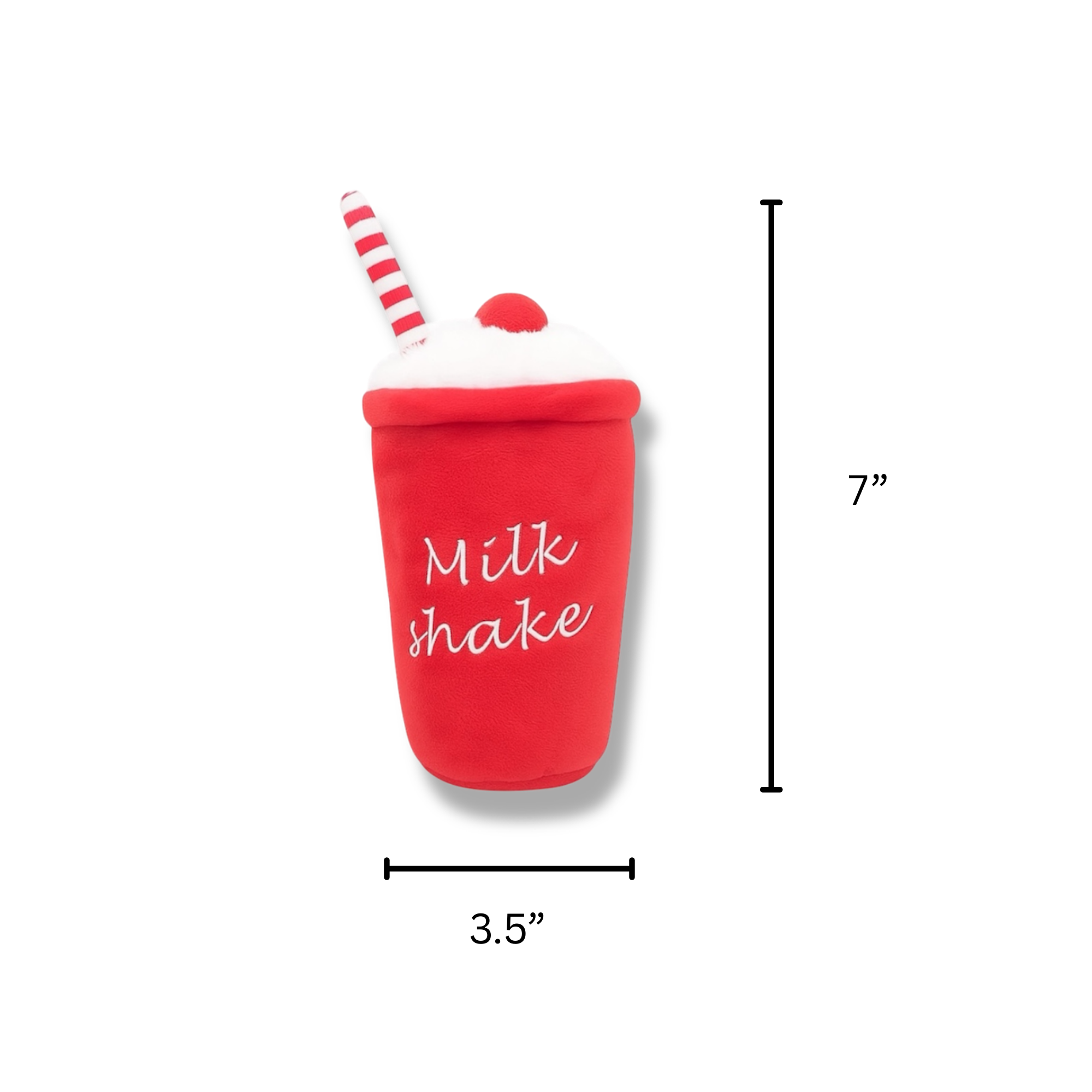 Red milkshake-shaped plush toy features measurements - Pawlipop