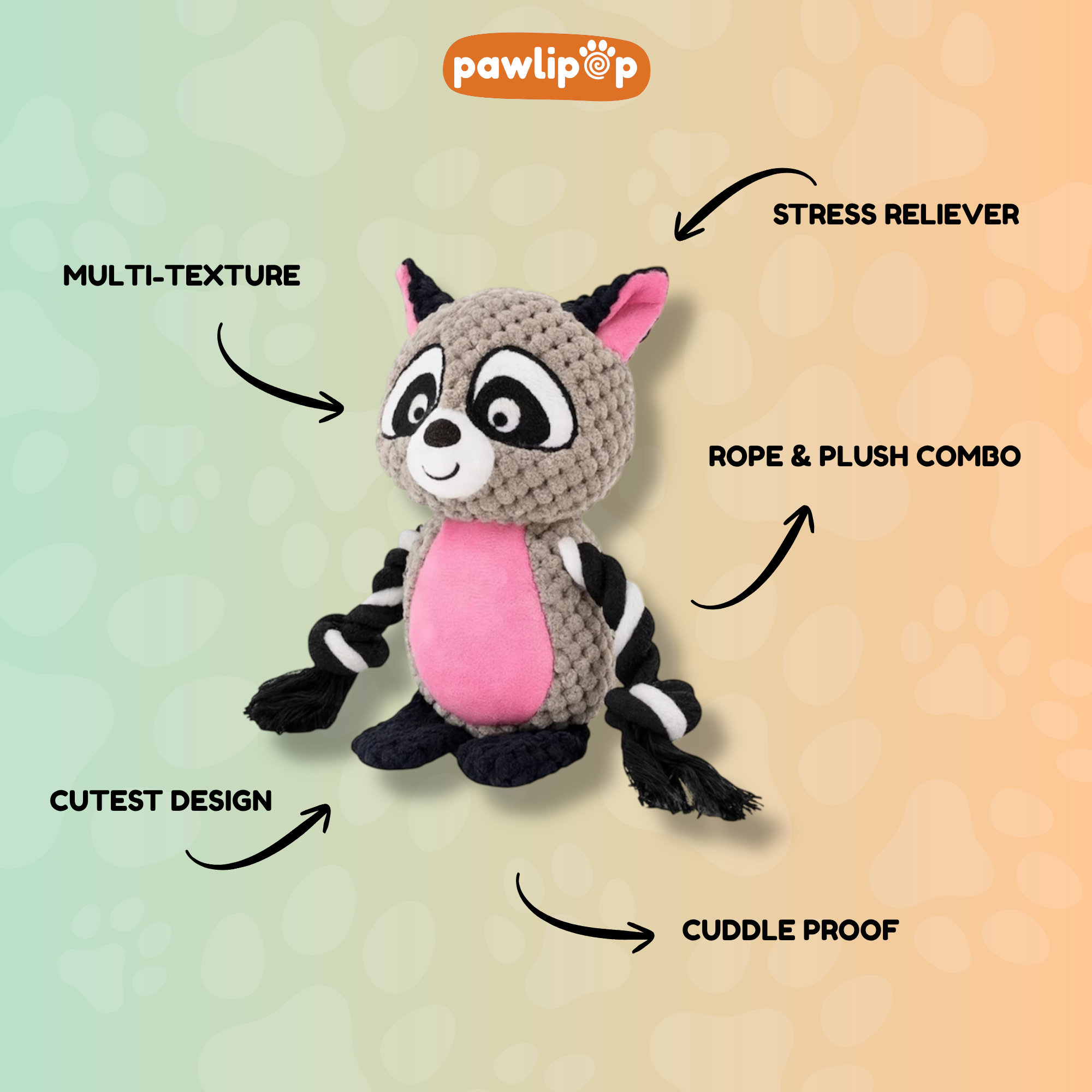 Riley the Raccoon Dog toy features.