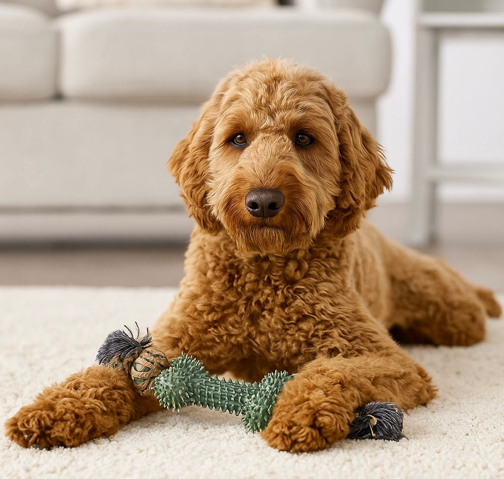 dog playing with a pawlipop dog toy from the rope box