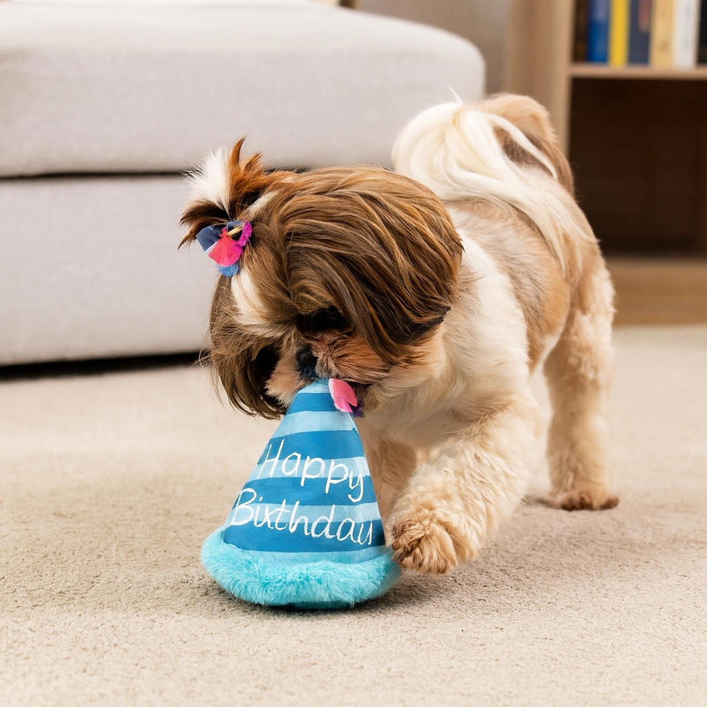 Dog playing, chewing a birthday hat Pawlipop dog toy. 