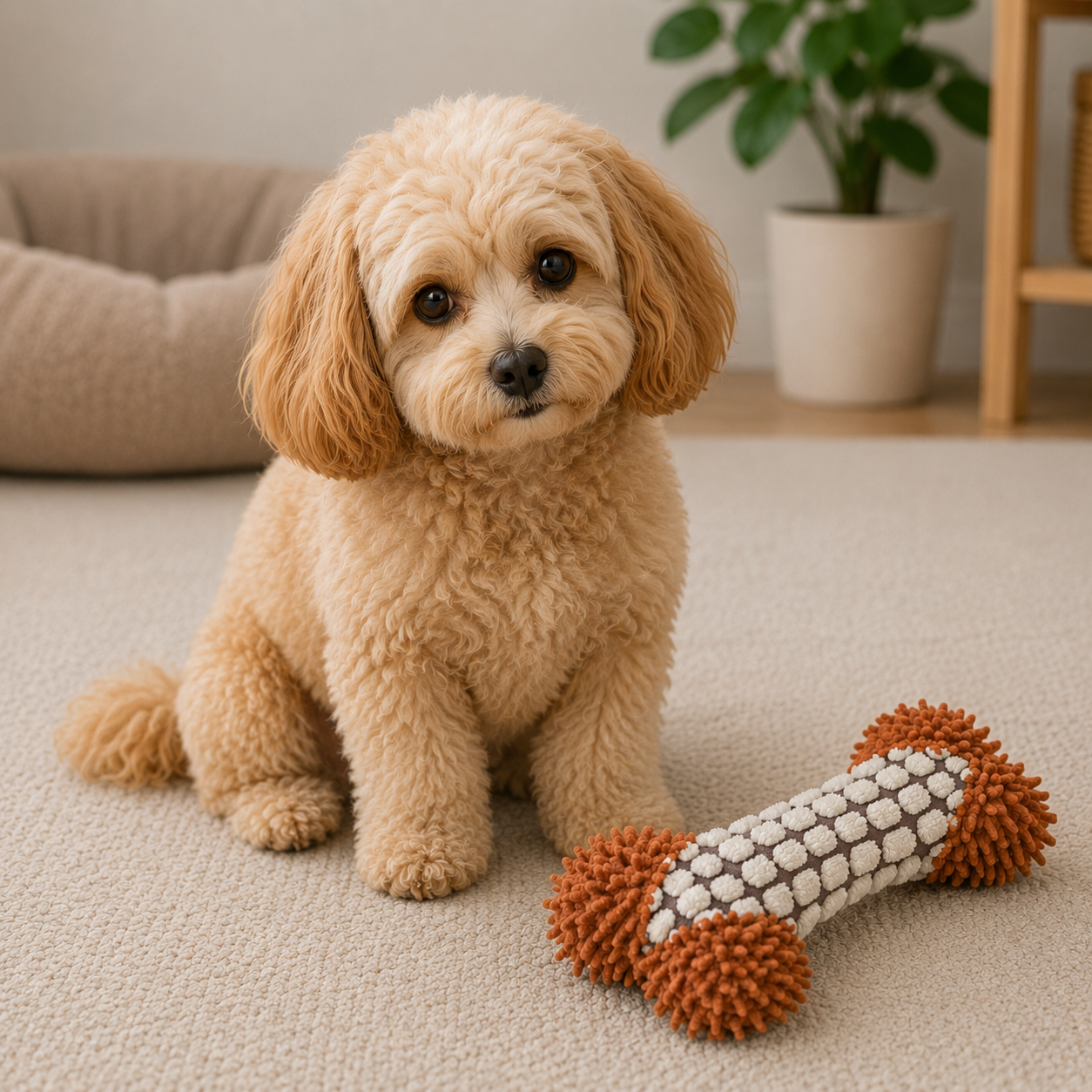 Small dog sitting on a carpeted floor with a bone-shaped toy in front of it.