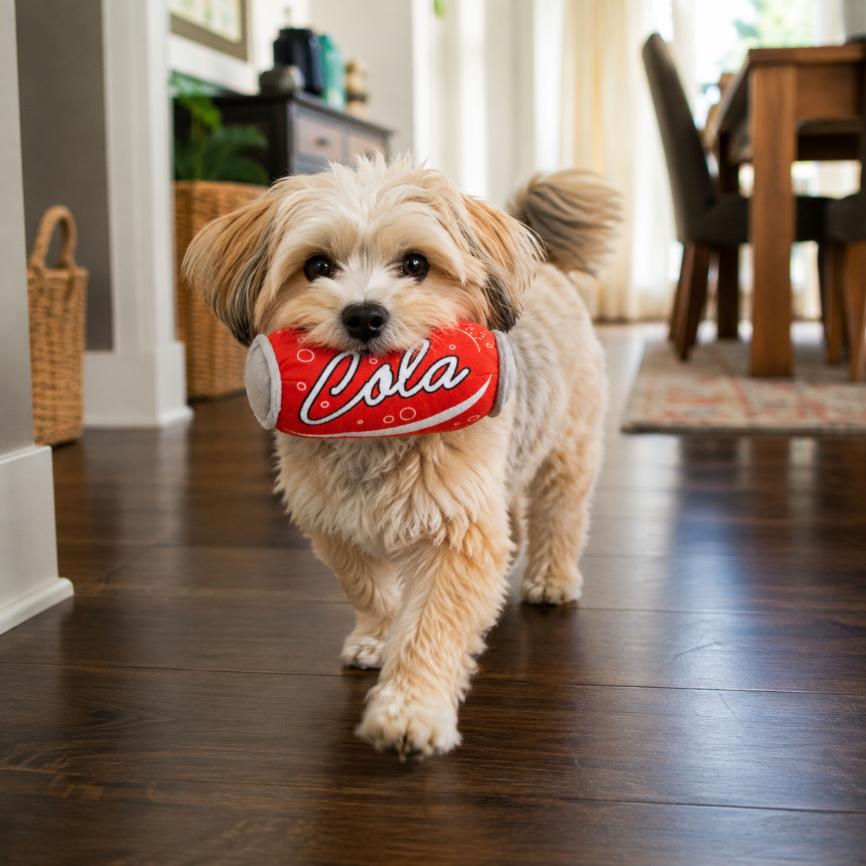 Small dog wearing a Coca-Cola toy in a home setting