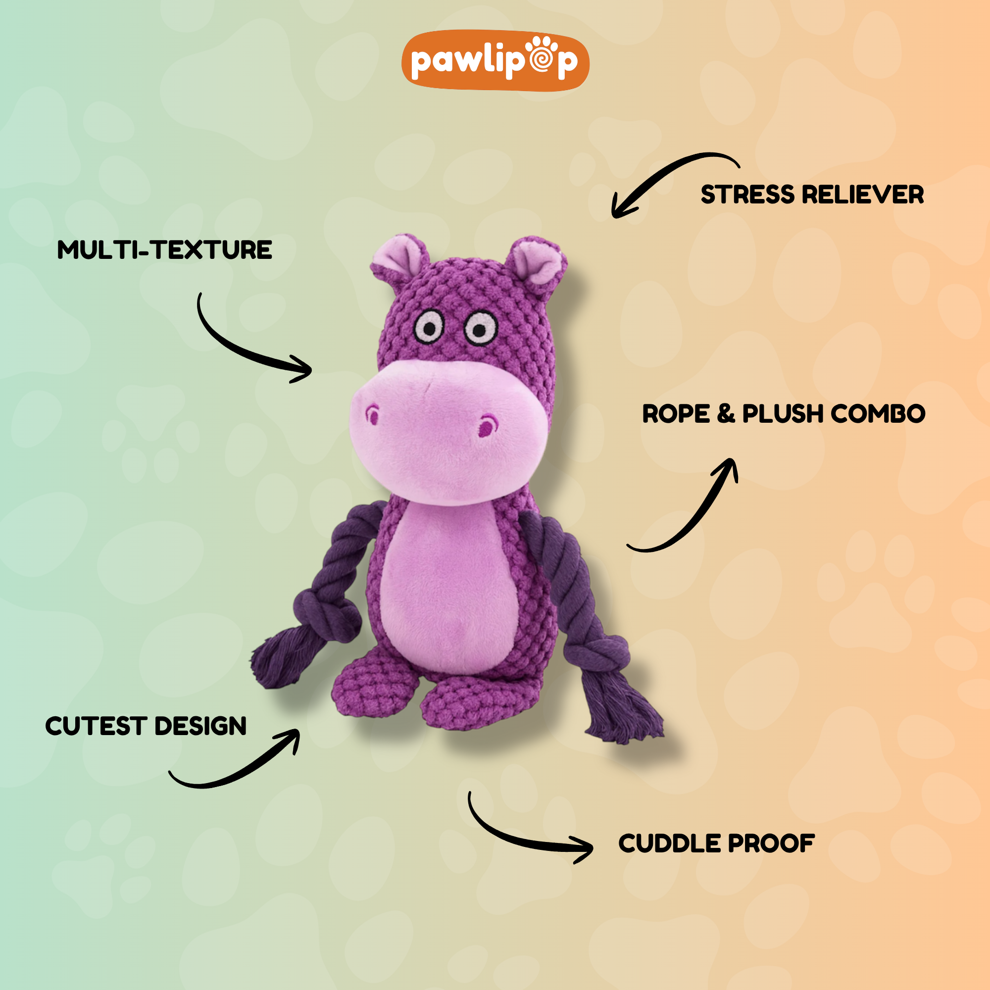 Squishopotamus Plushie Rope Dog Toy features