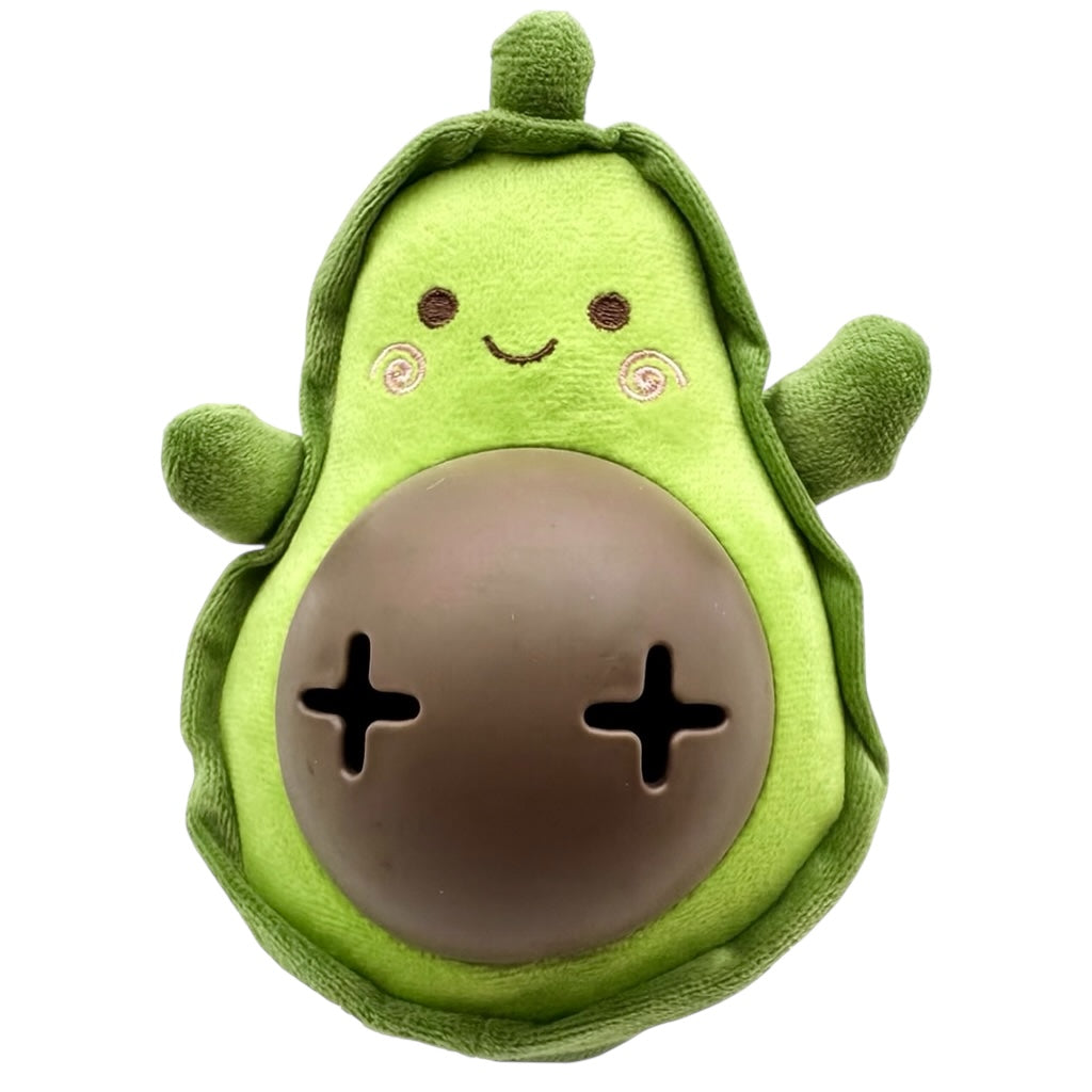 Plush and treat-dispensing avocado pawlipop dog toy