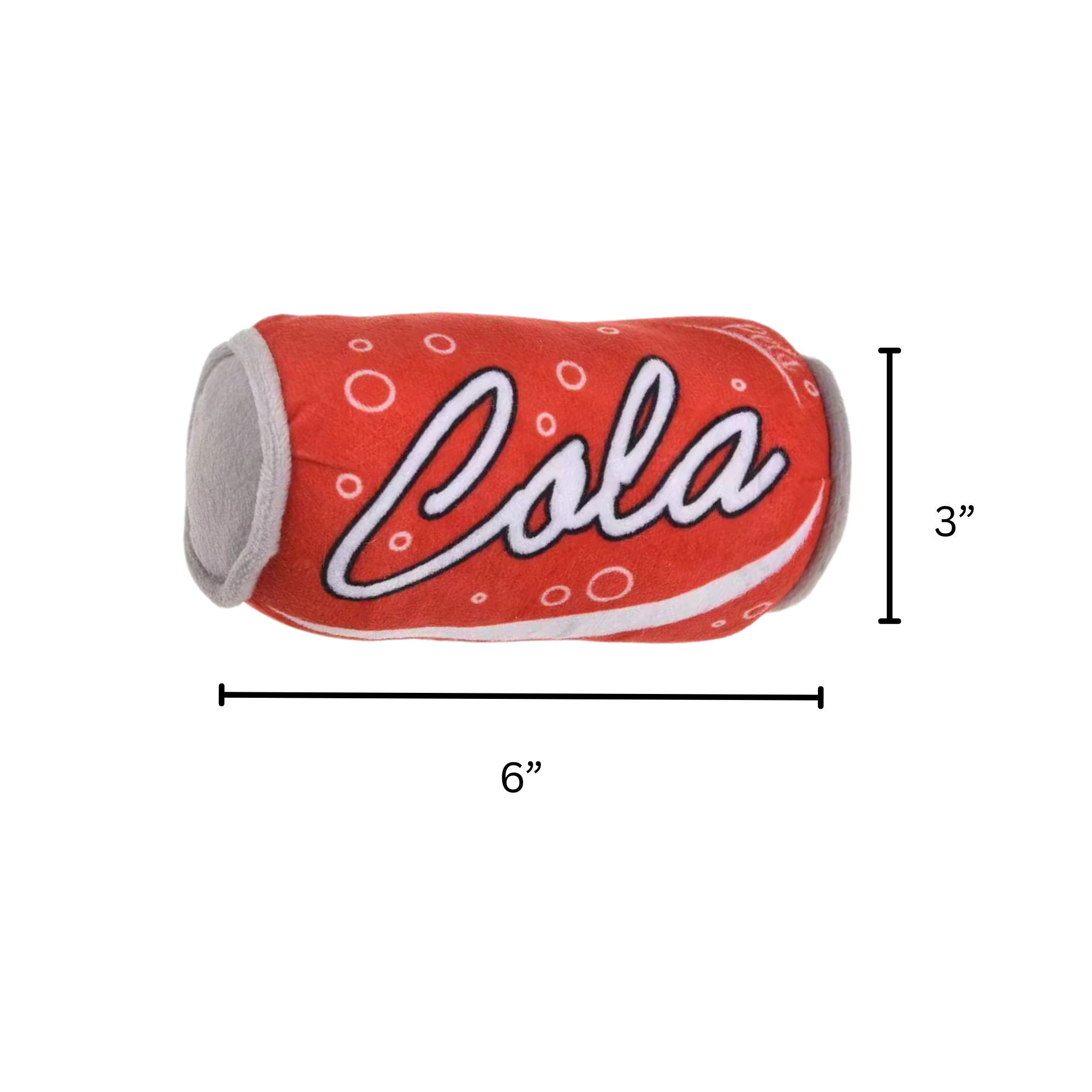 Red and gray dog toy resembling a cola can with dimensions pawlipop plushie