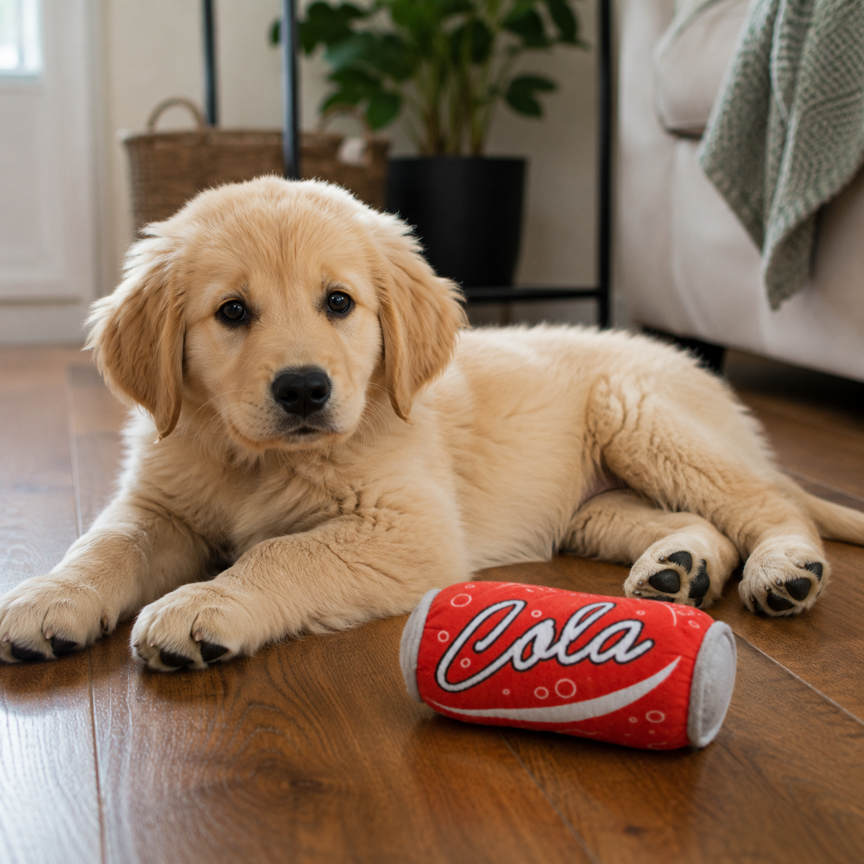 cola dog toy take a look on a wooden floor next to a red can with 'Cola' plushie dog toy