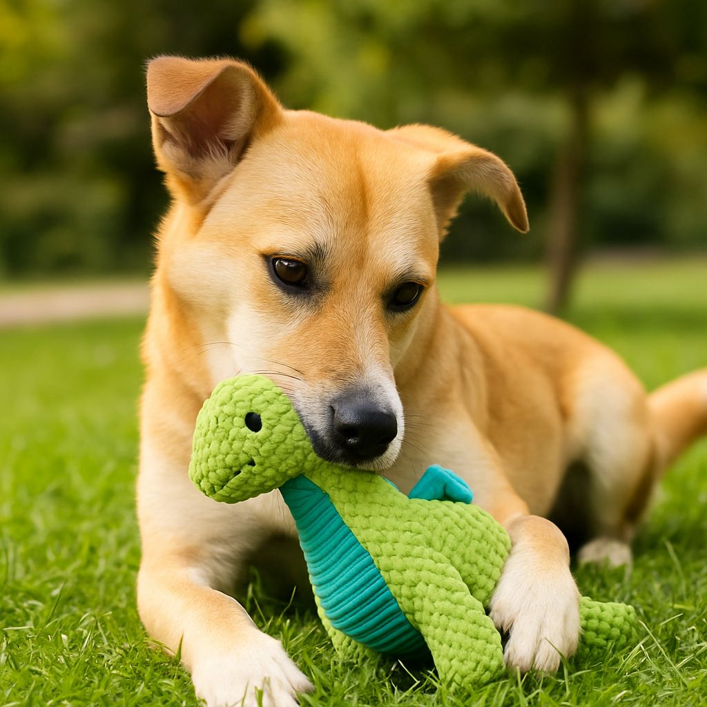 Dog playing, chewing a dinosaur-shaped toy. 