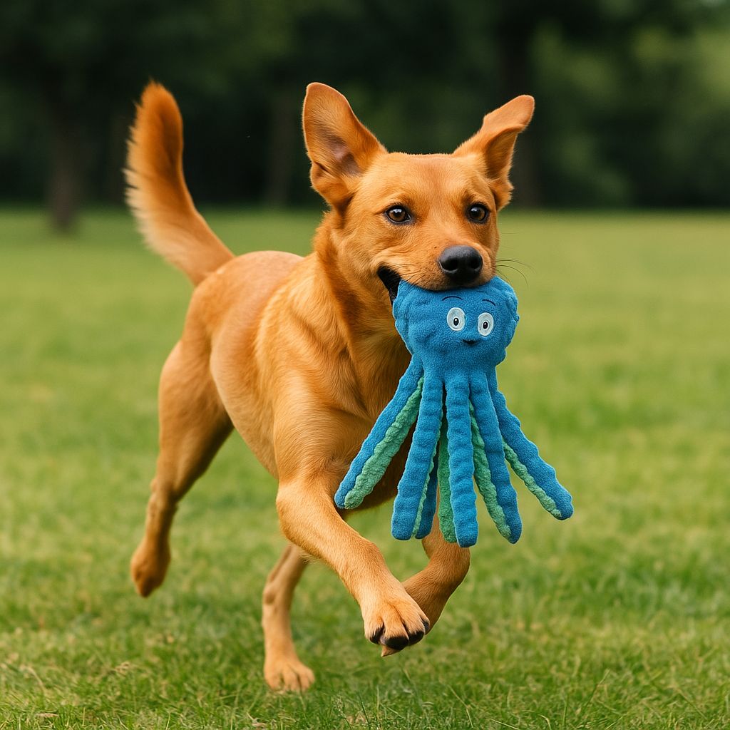 Dog playing, chewing a octopus Pawlipop dog toy.