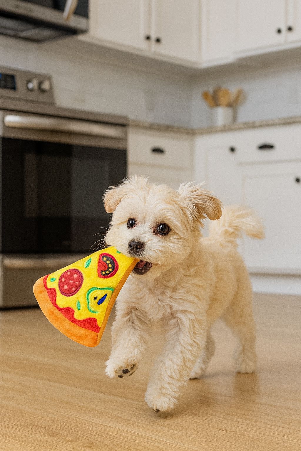 Dog playing, chewing a pizza slice  Pawlipop dog toy 