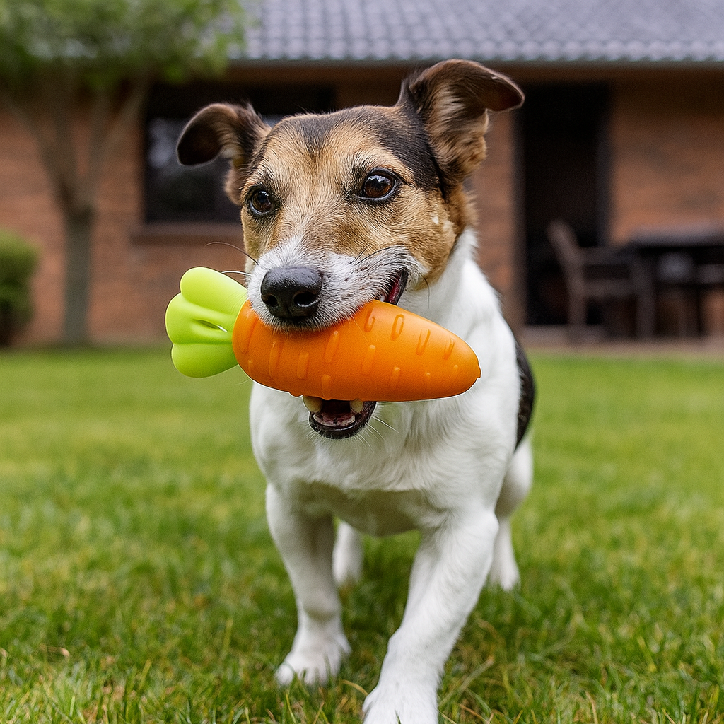 Dog playing, chewing a carrot Pawlipop dog toy.