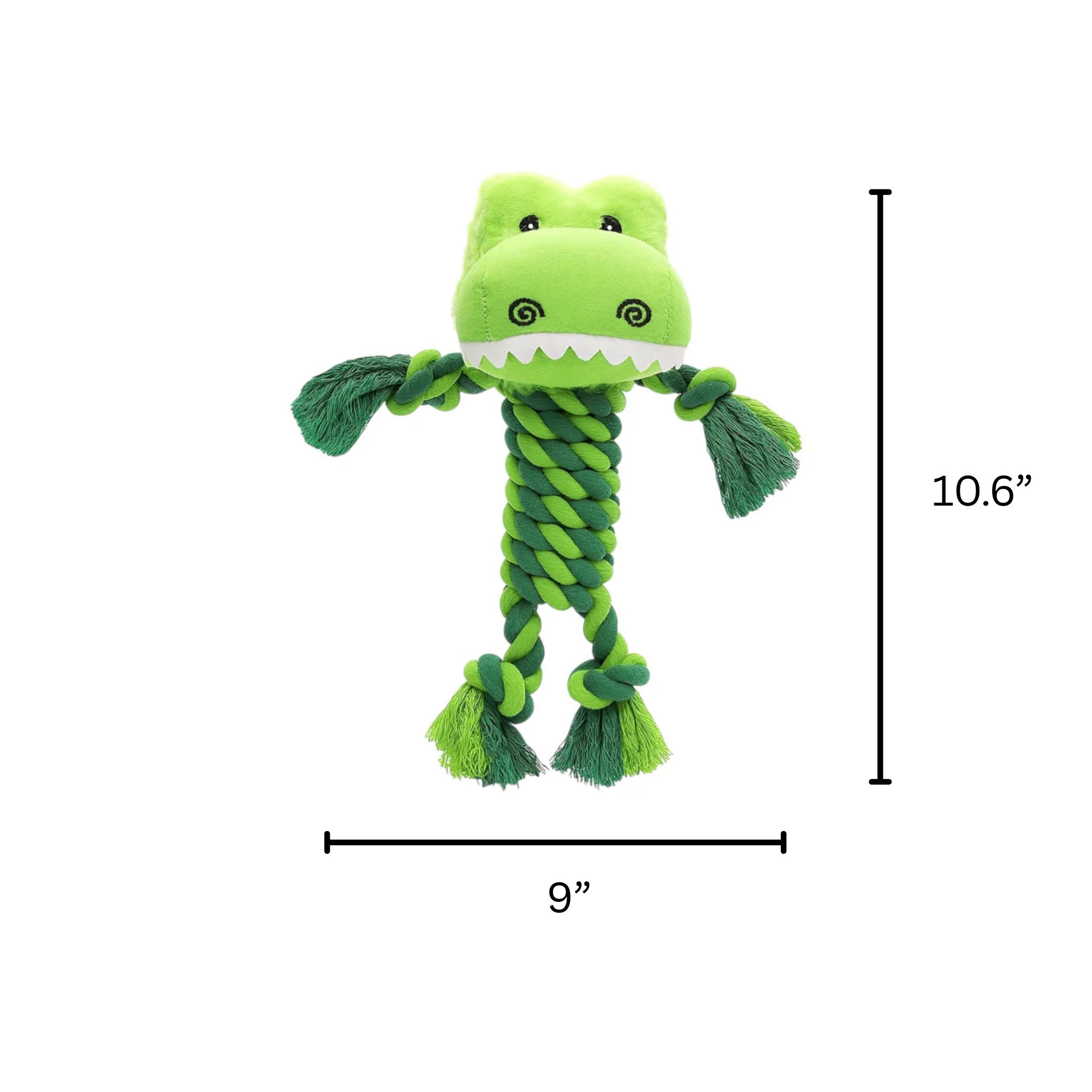 Pawlipop Green crocodile-shaped dog toy with a rope, shown with measurements.