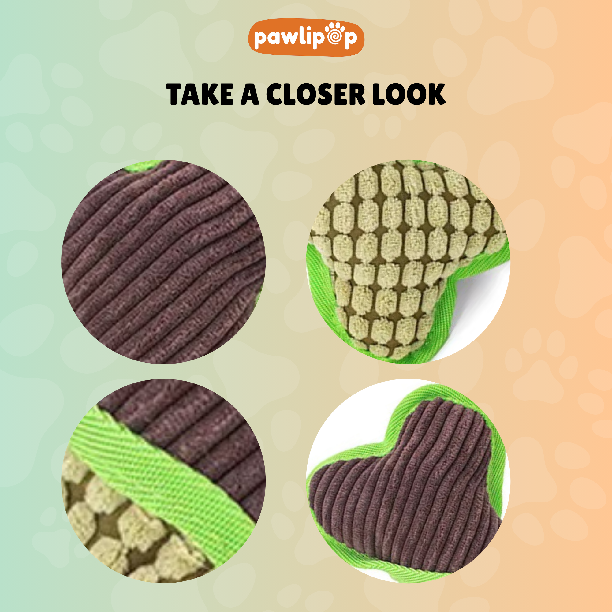 Close-up of paw pads with 'Pawlipop' branding and text 'Take a Closer Look'.