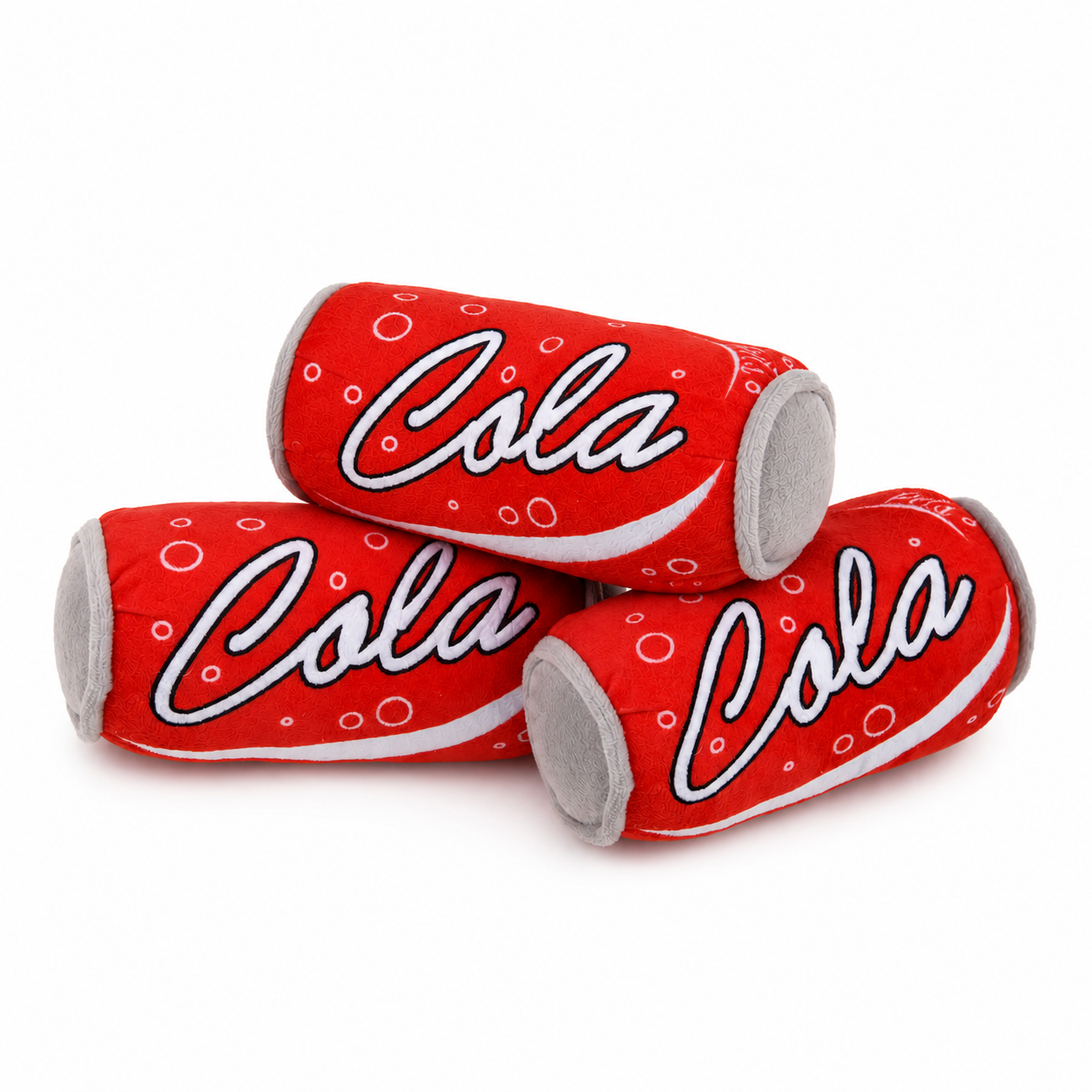 Red 'Cola' branded plush toys on a white background