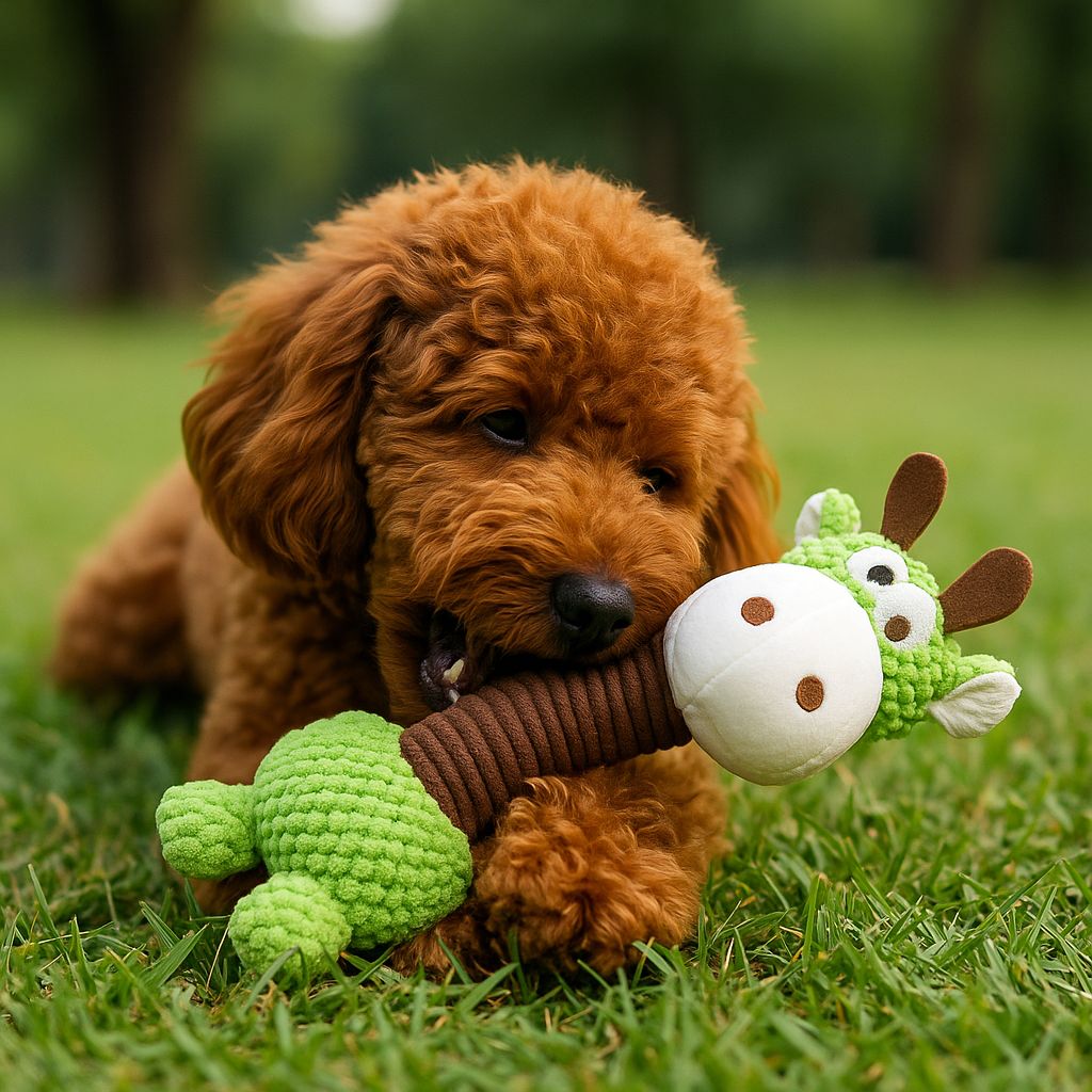 Dog playing, chewing a Pawlipop dog toy, giraffe-shaped, plush, squeaker, rope and chew.